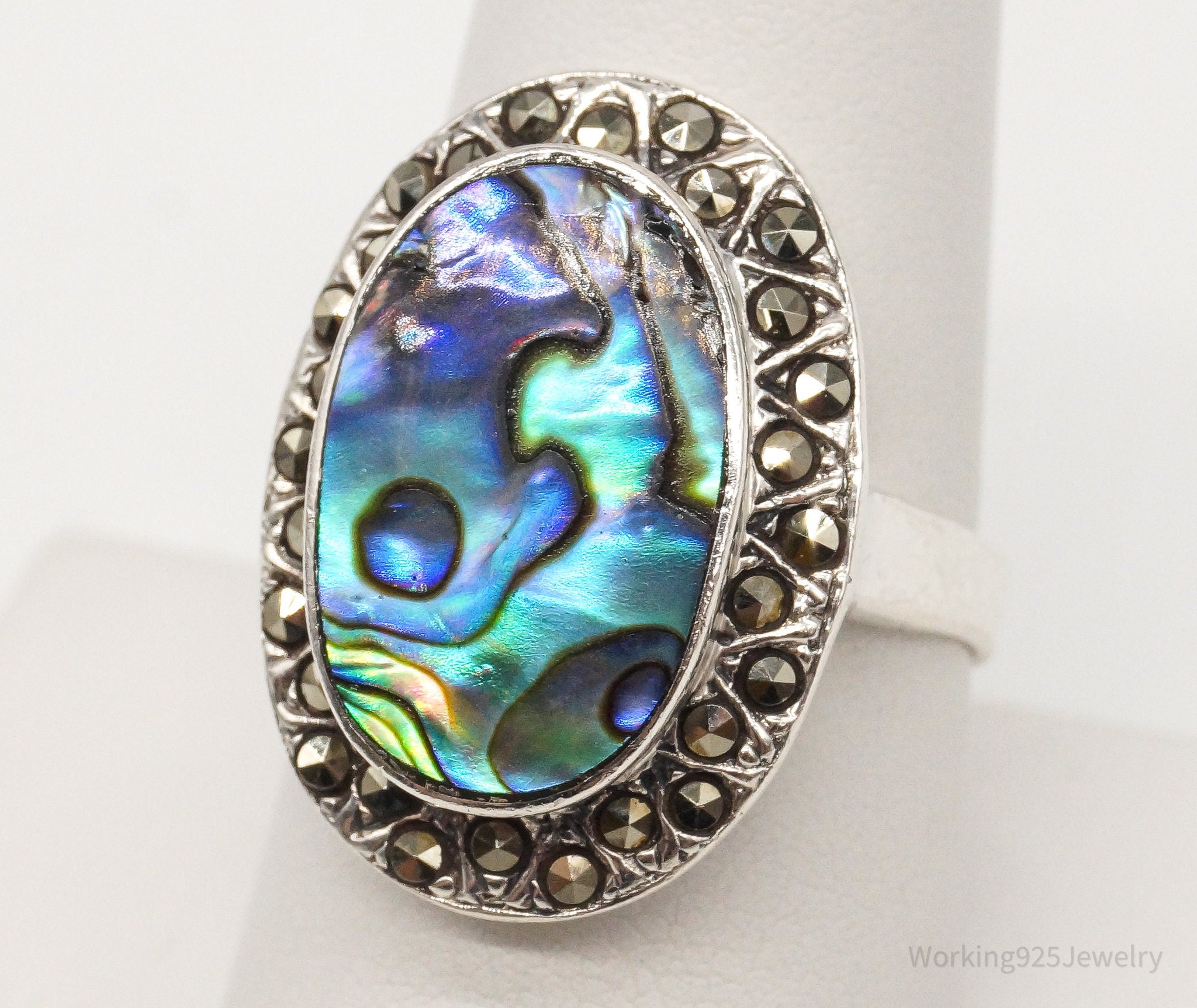 Vintage Paua Abalone Shell Marcasite Sterling Silver Ring - Size 8.5