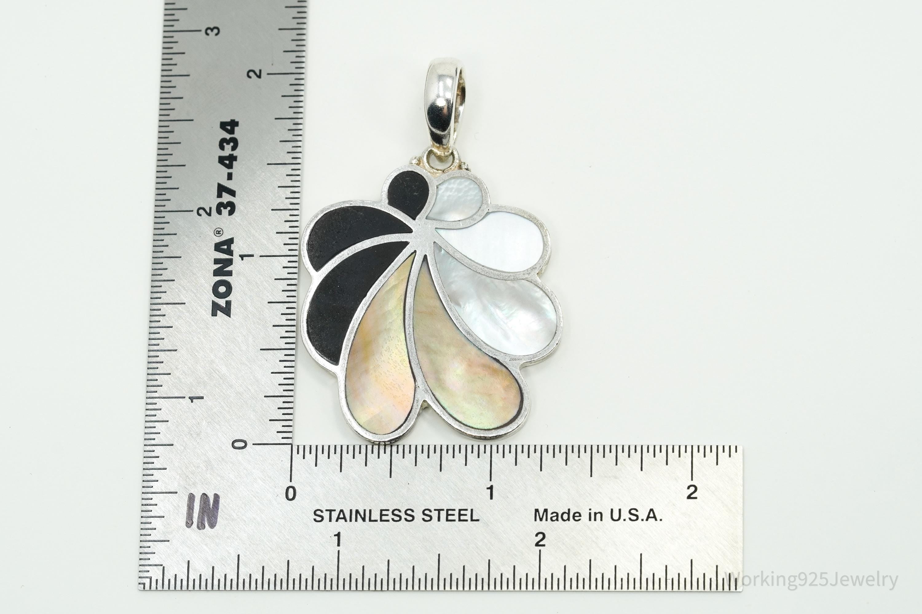 Vintage Sajen Large Mother Of Pearl Inlay Flower Sterling Silver Pendant