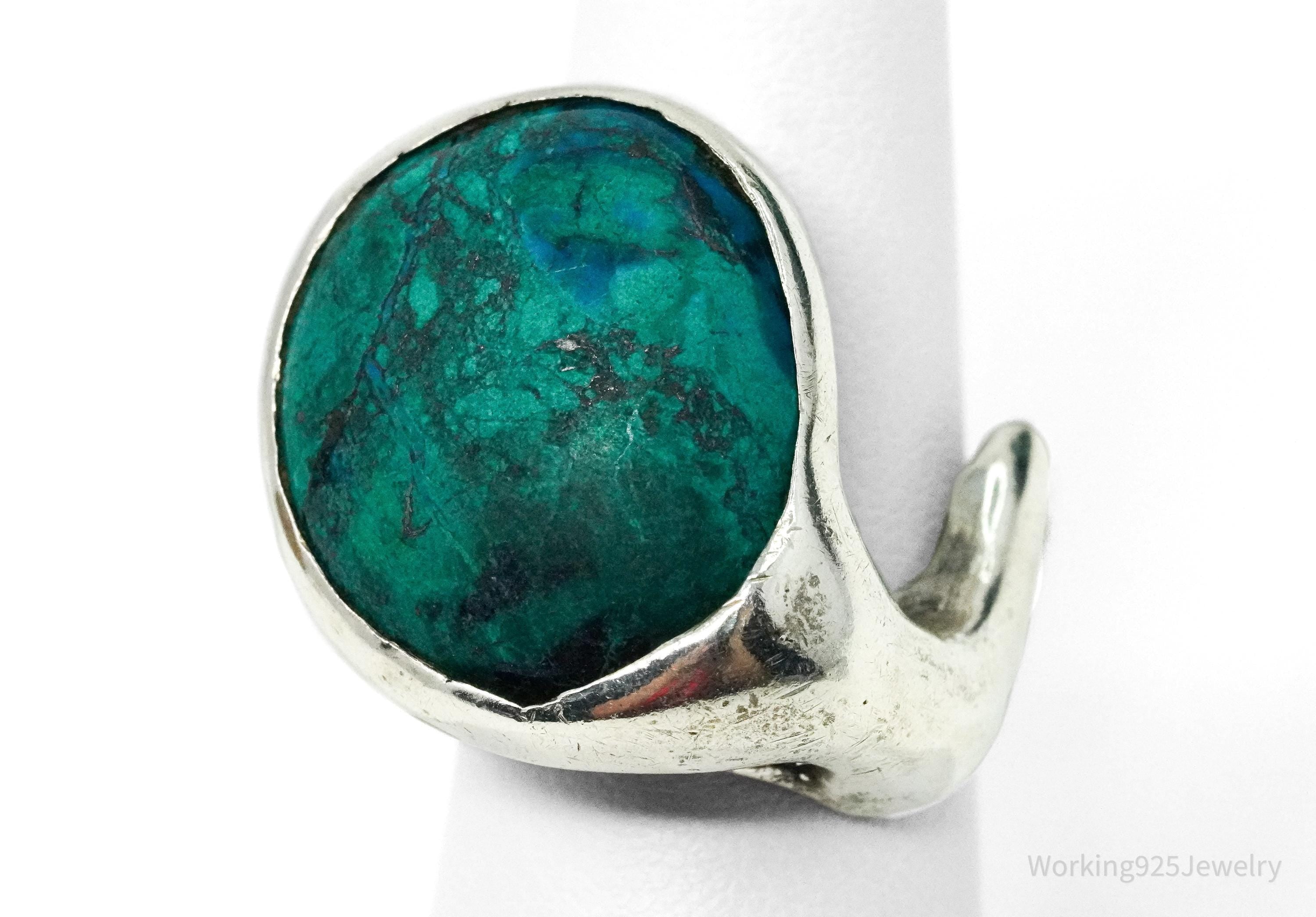 Vintage Azurite Malachite Modernist Style Silver Ring - Size 6.5