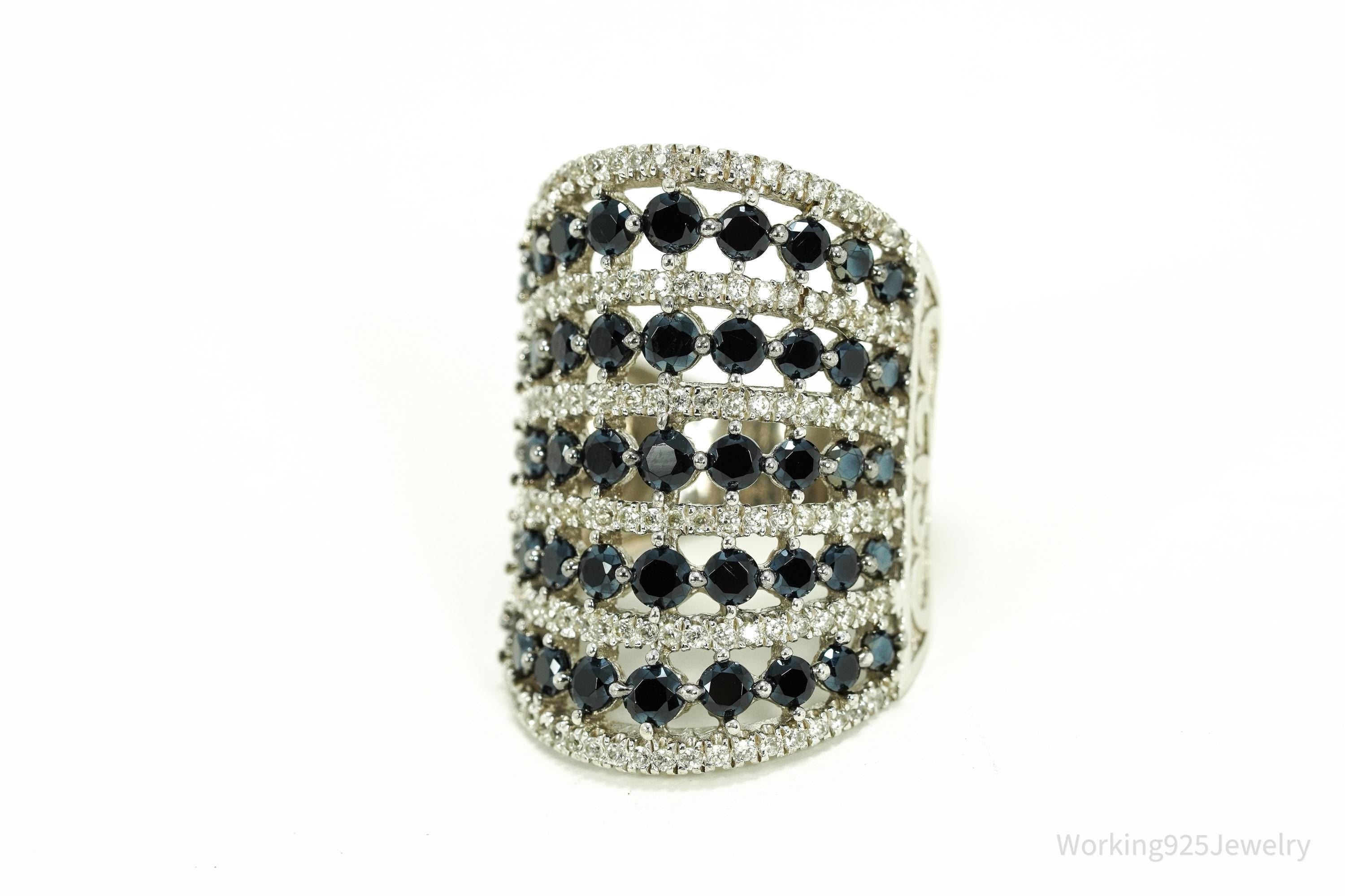 Vintage Black Spinel & White Topaz Sterling Silver Ring - Size 7