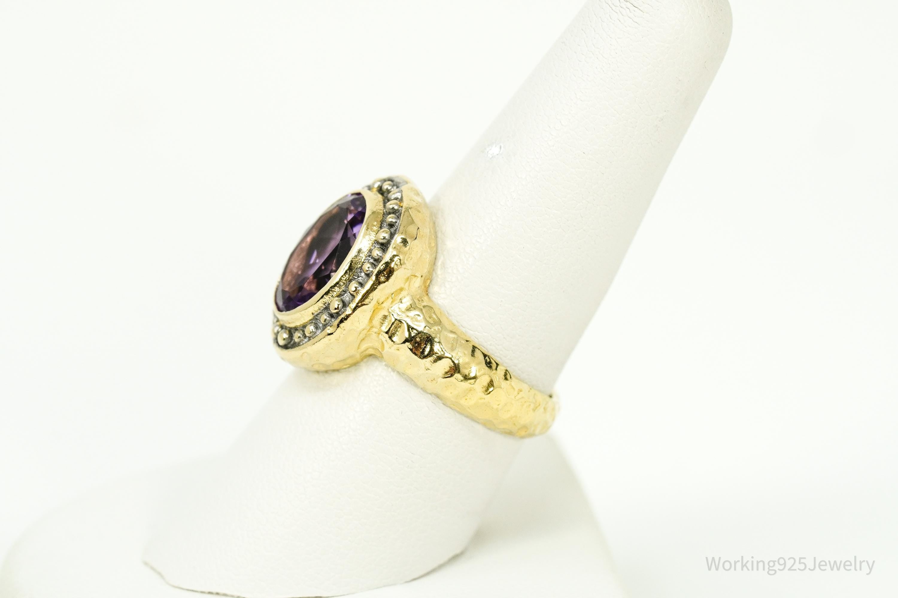 Vintage Italian Designer Amethyst Gold Vermeil Sterling Silver Ring - Size 8