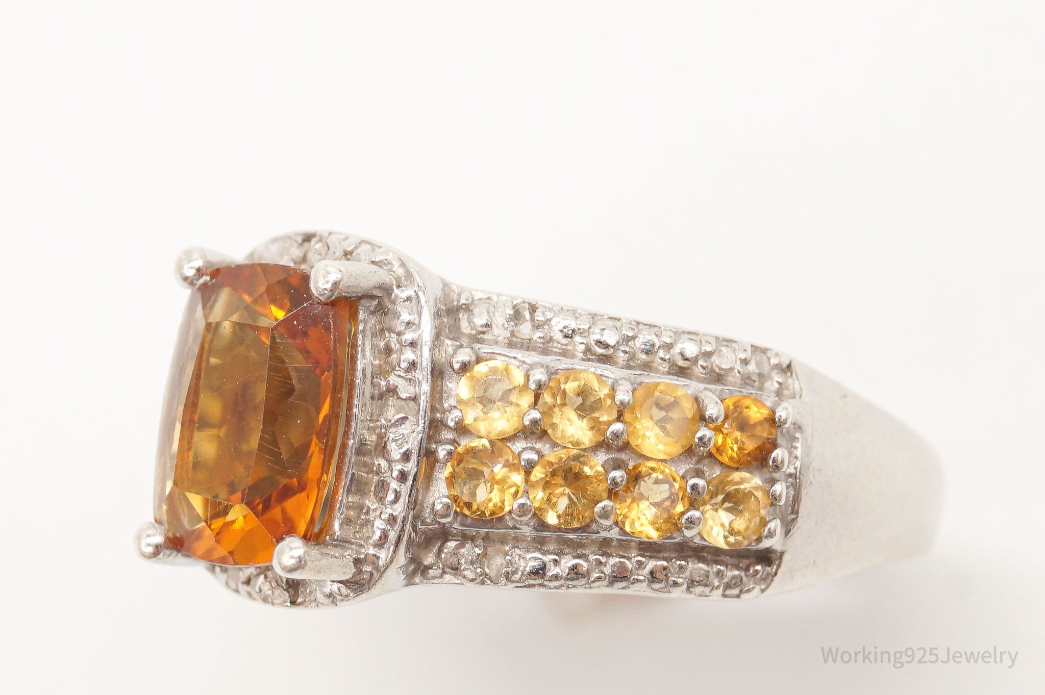 Vintage Citrine Five Diamonds Sterling Silver Ring - Size 6.75