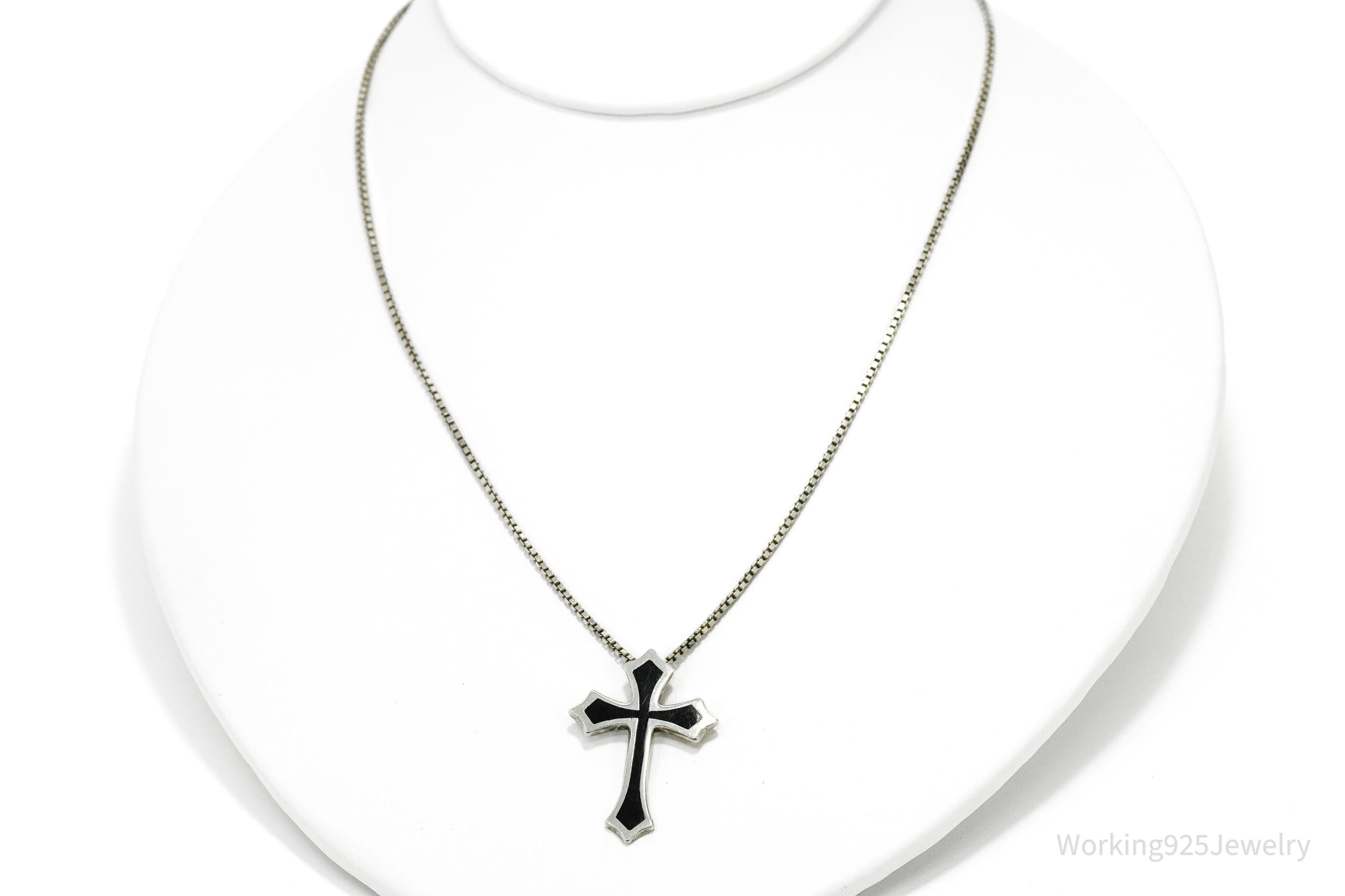 Vintage Black Enamel Inlay Sterling Silver Cross Necklace - 19"