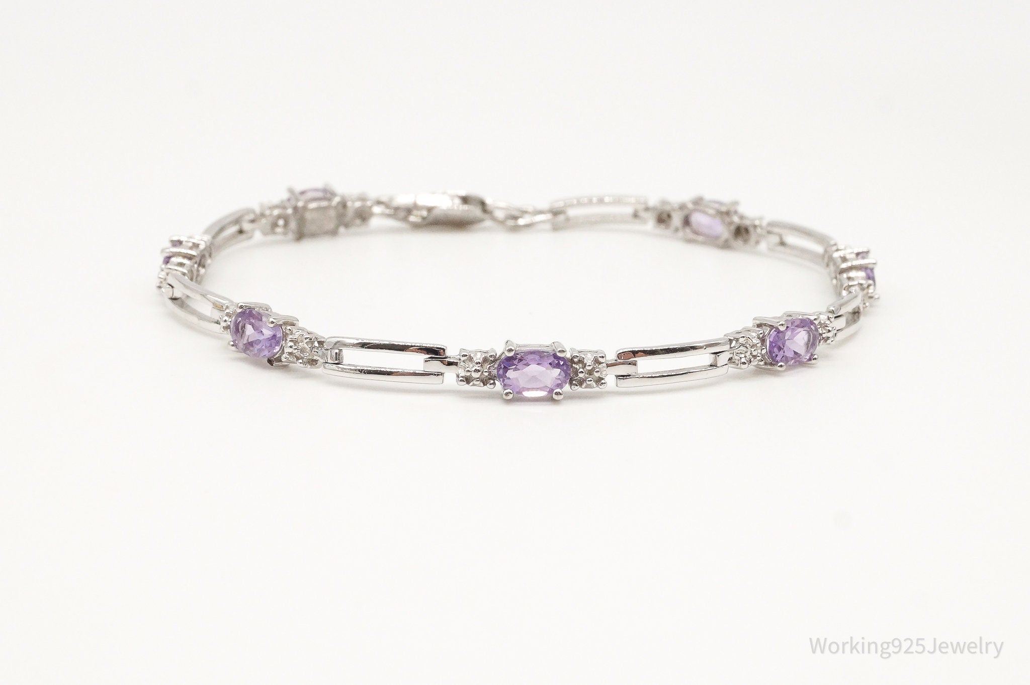 Vintage Two Diamonds Amethyst Sterling Silver Bracelet