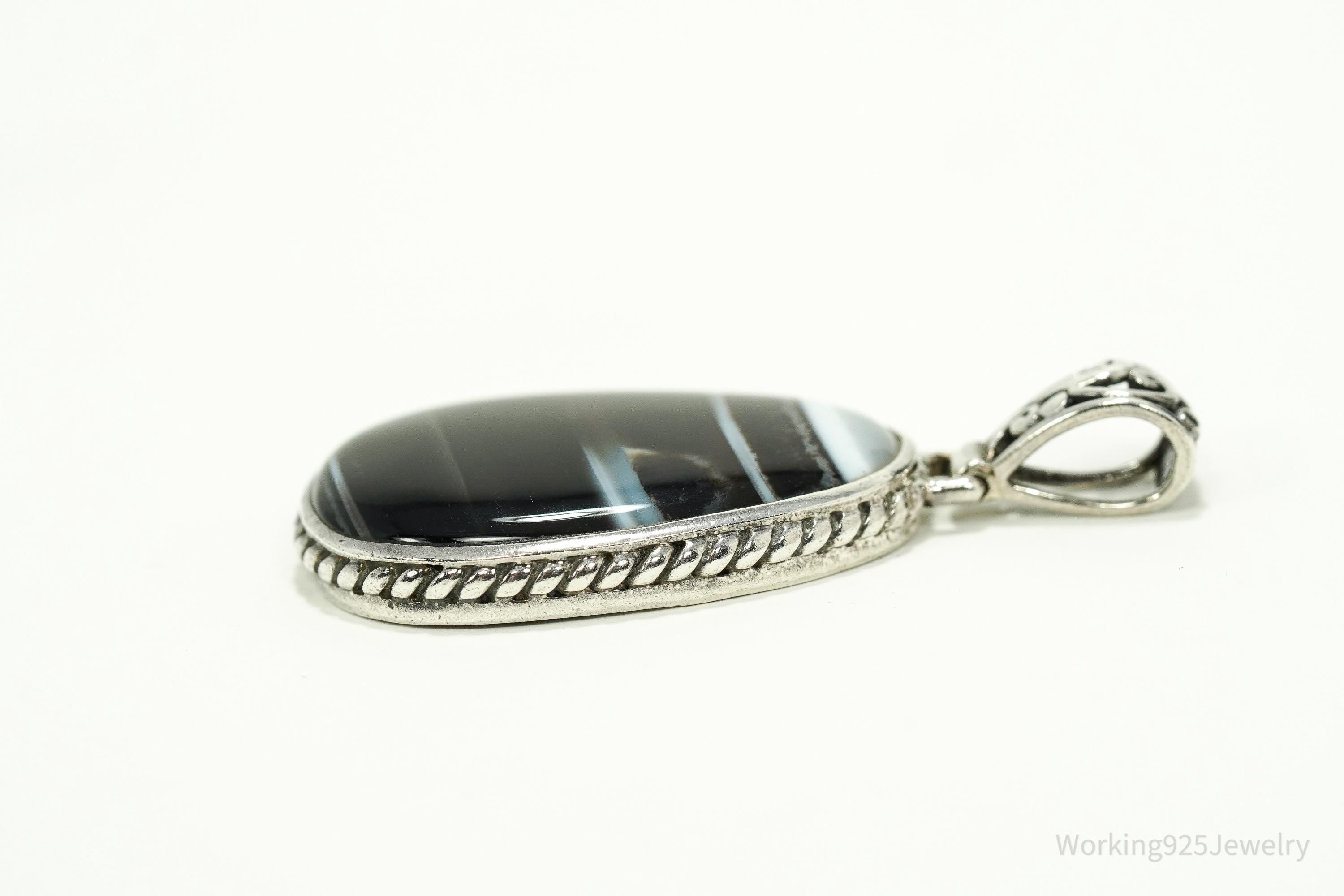 Vintage Large Black Lace Agate Sterling Silver Pendant