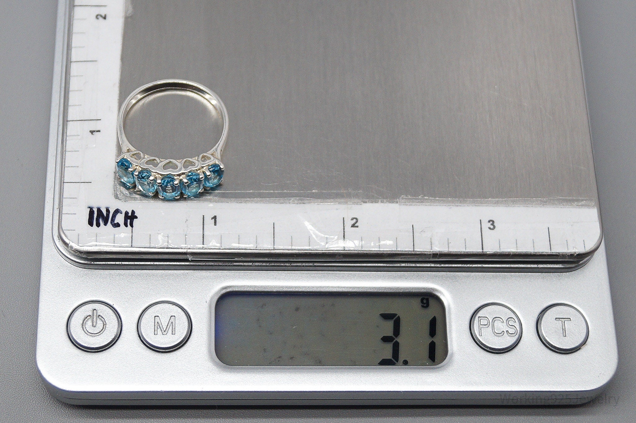 Vintage CNA Blue Topaz Hearts Pattern Sterling Silver Ring - Size 8