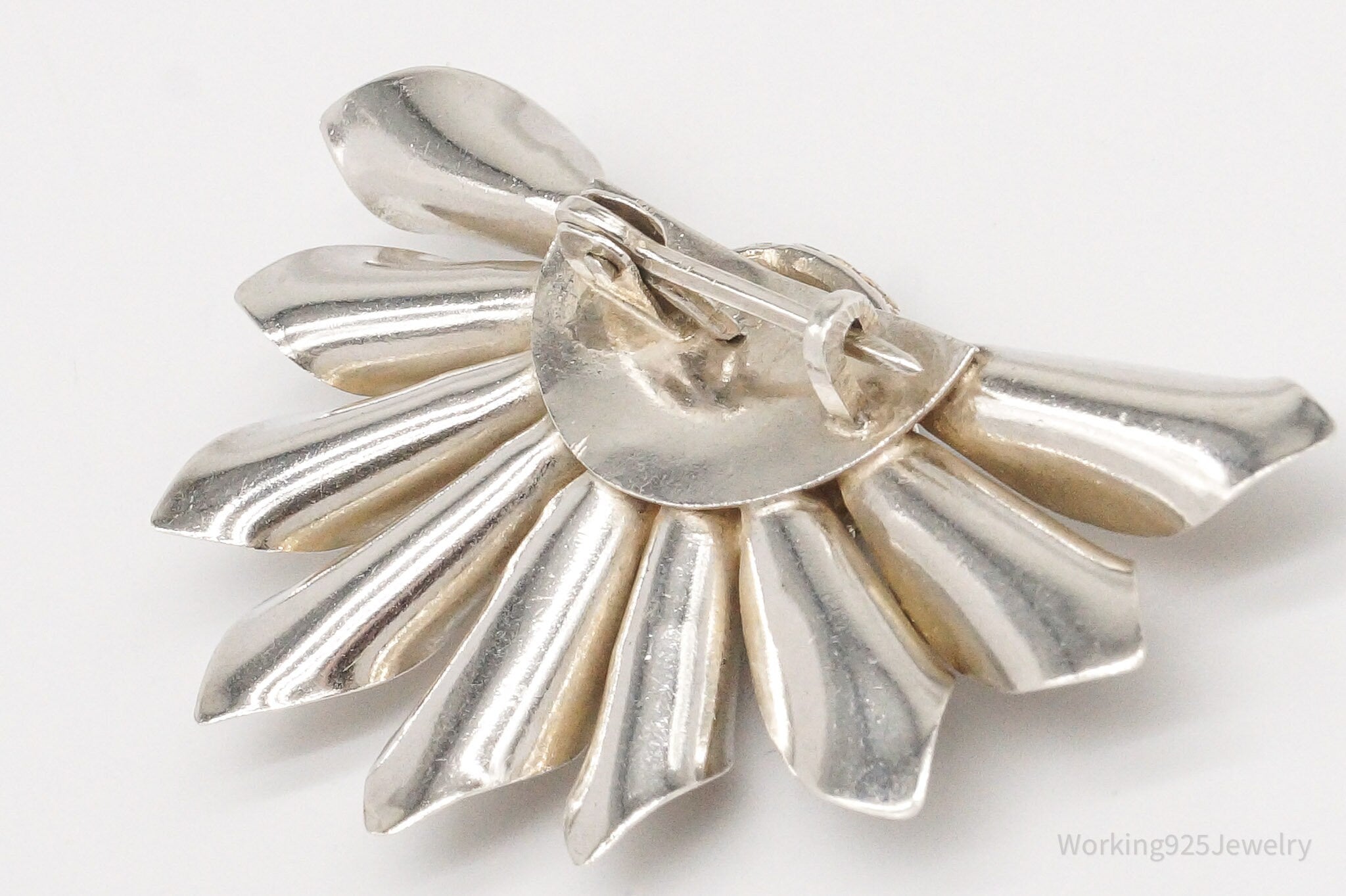 Vintage Modernist Half Flower Style Silver Brooch Pin