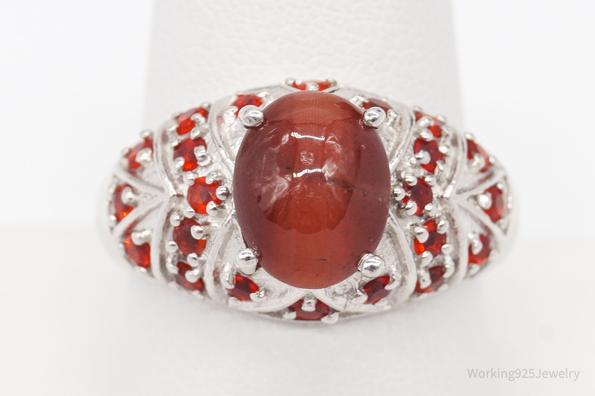 Vintage Red Cats Eye & Fire Opal Sterling Silver Ring - Size 9.75