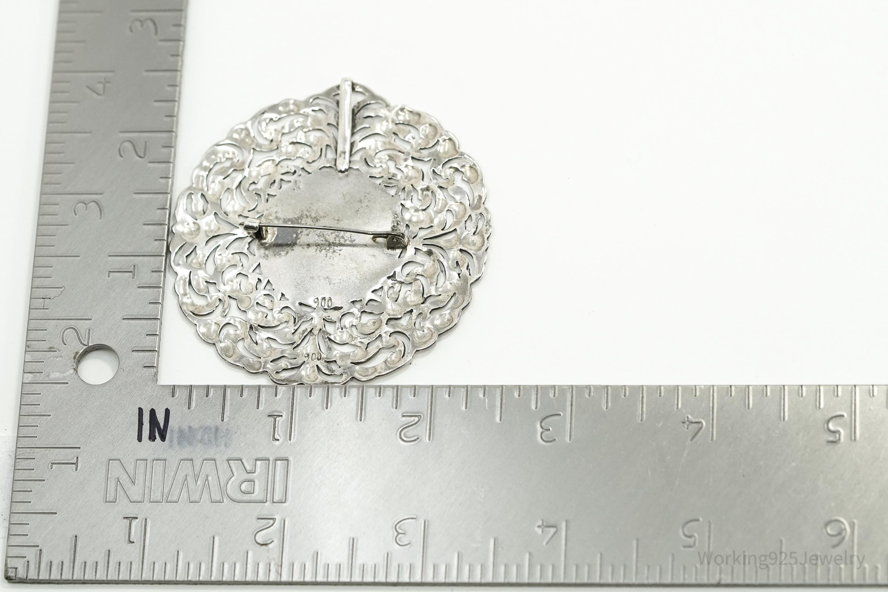 Large Ornate Antique "Patty" 900 Silver Brooch Pin Pendant
