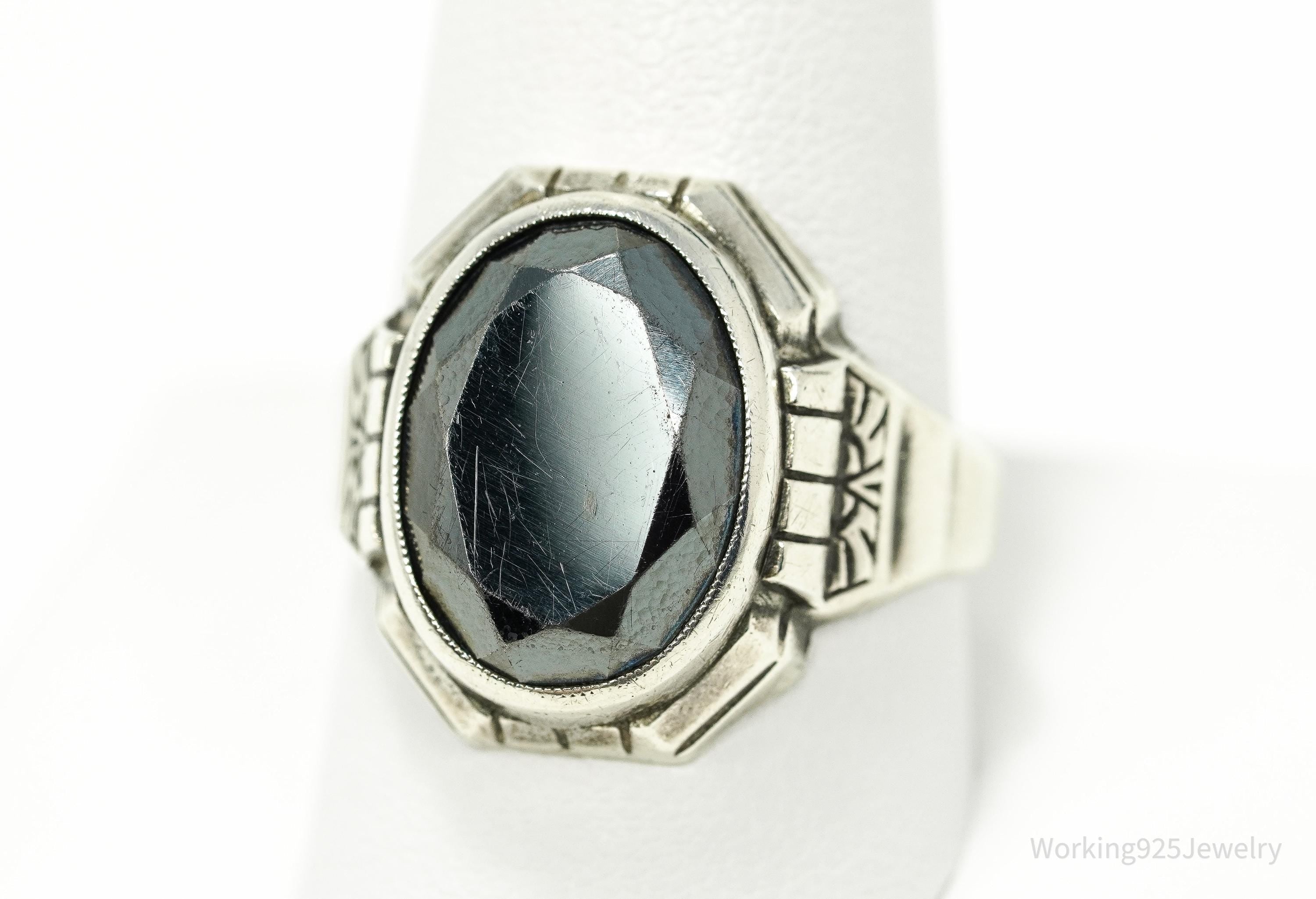 Antique Uncas MFG CO Hematite Sterling Silver Ring Size 10.75