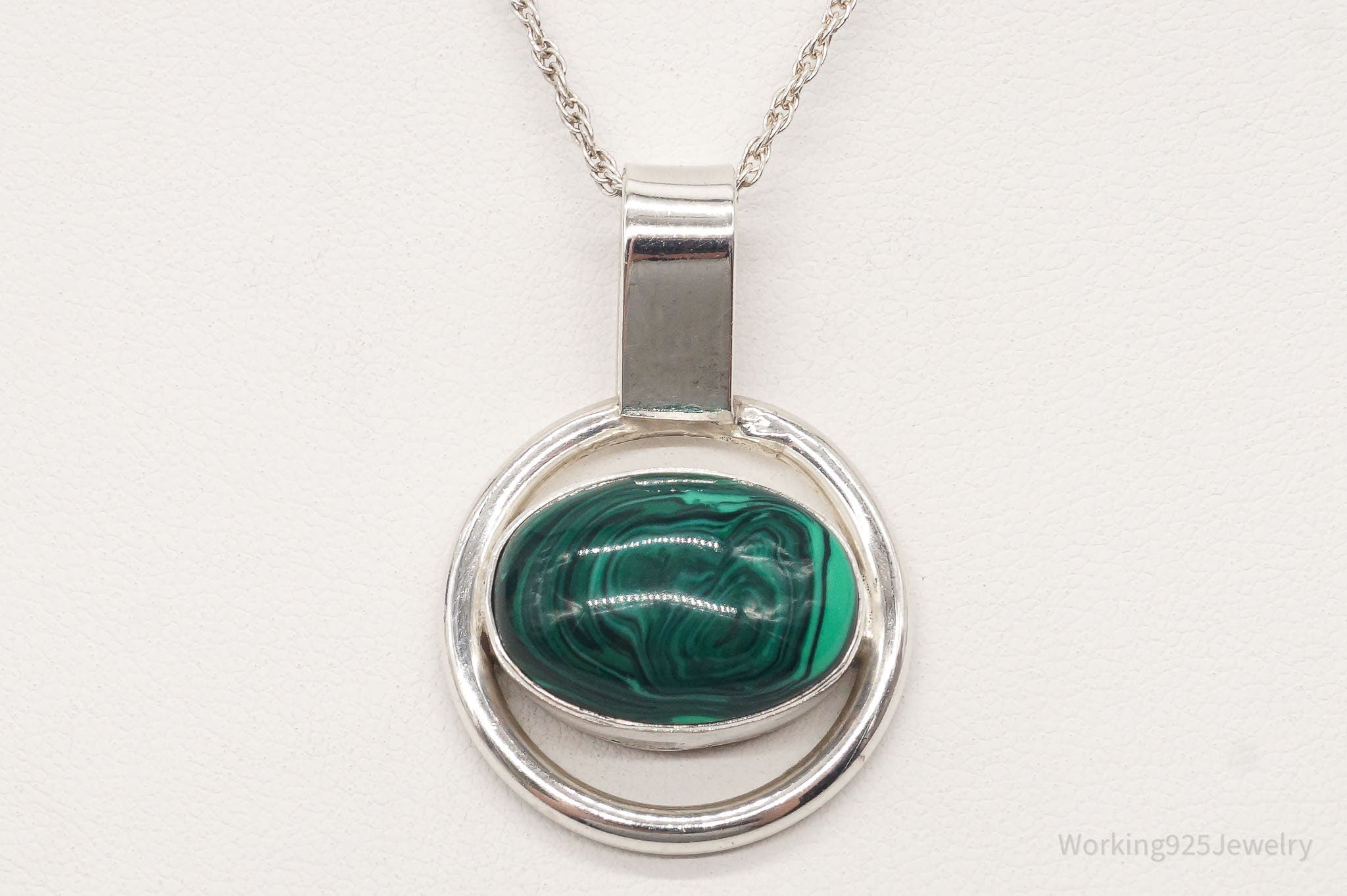 Vintage Mexico Large Malachite Modernist Sterling Silver Necklace
