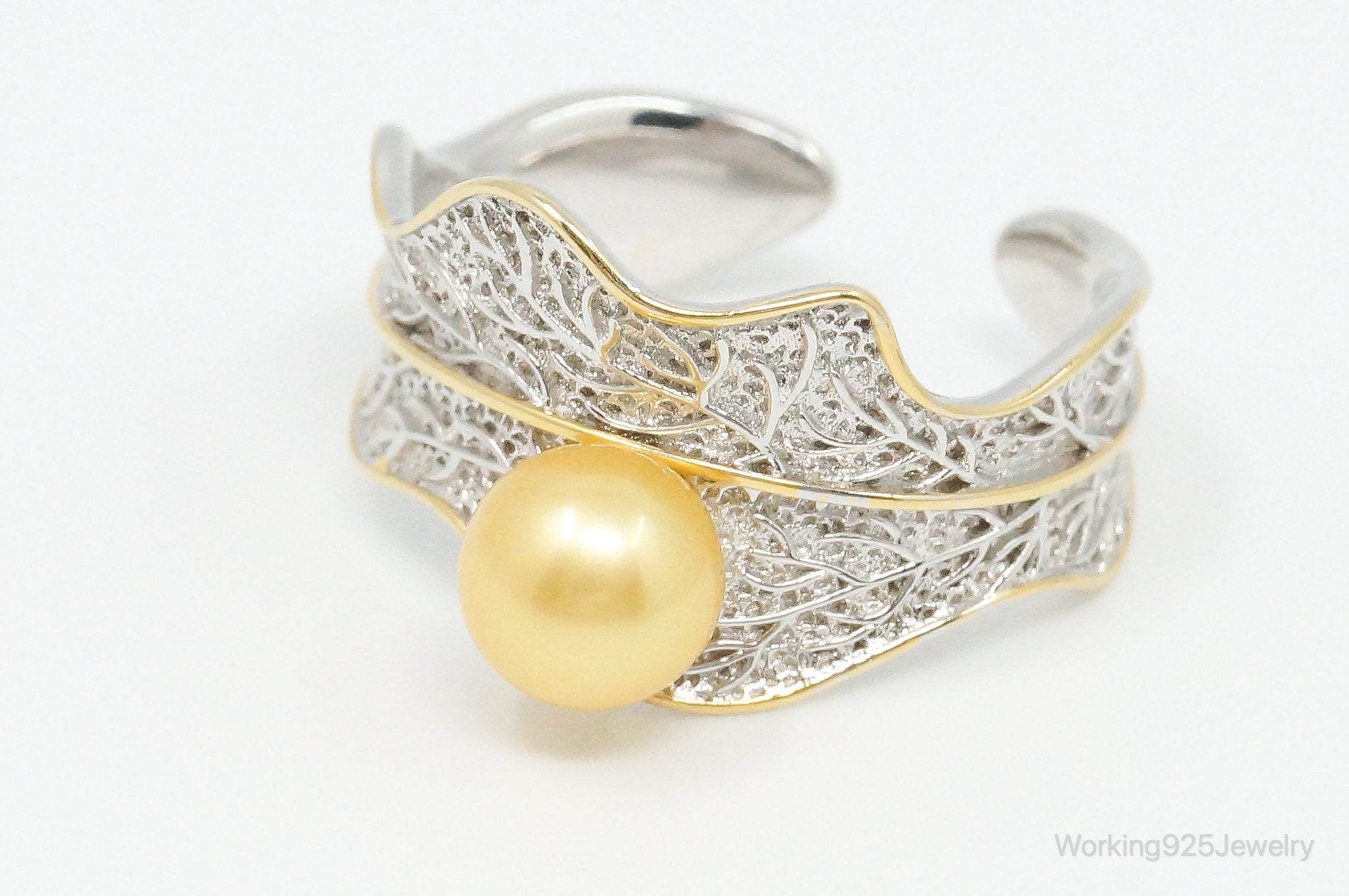 Vintage Yellow Lab Pearl Sterling Silver Gold Vermeil Ring Size 8 Adjustable