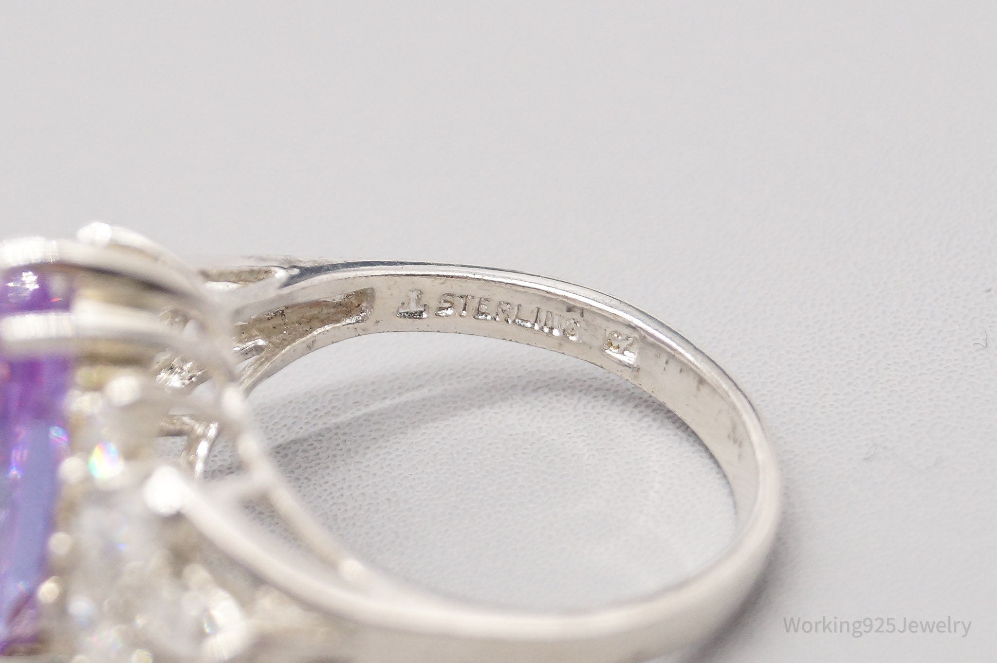 Vintage Purple & White Cubic Zirconia Sterling Silver Statement Ring - Size 7.75