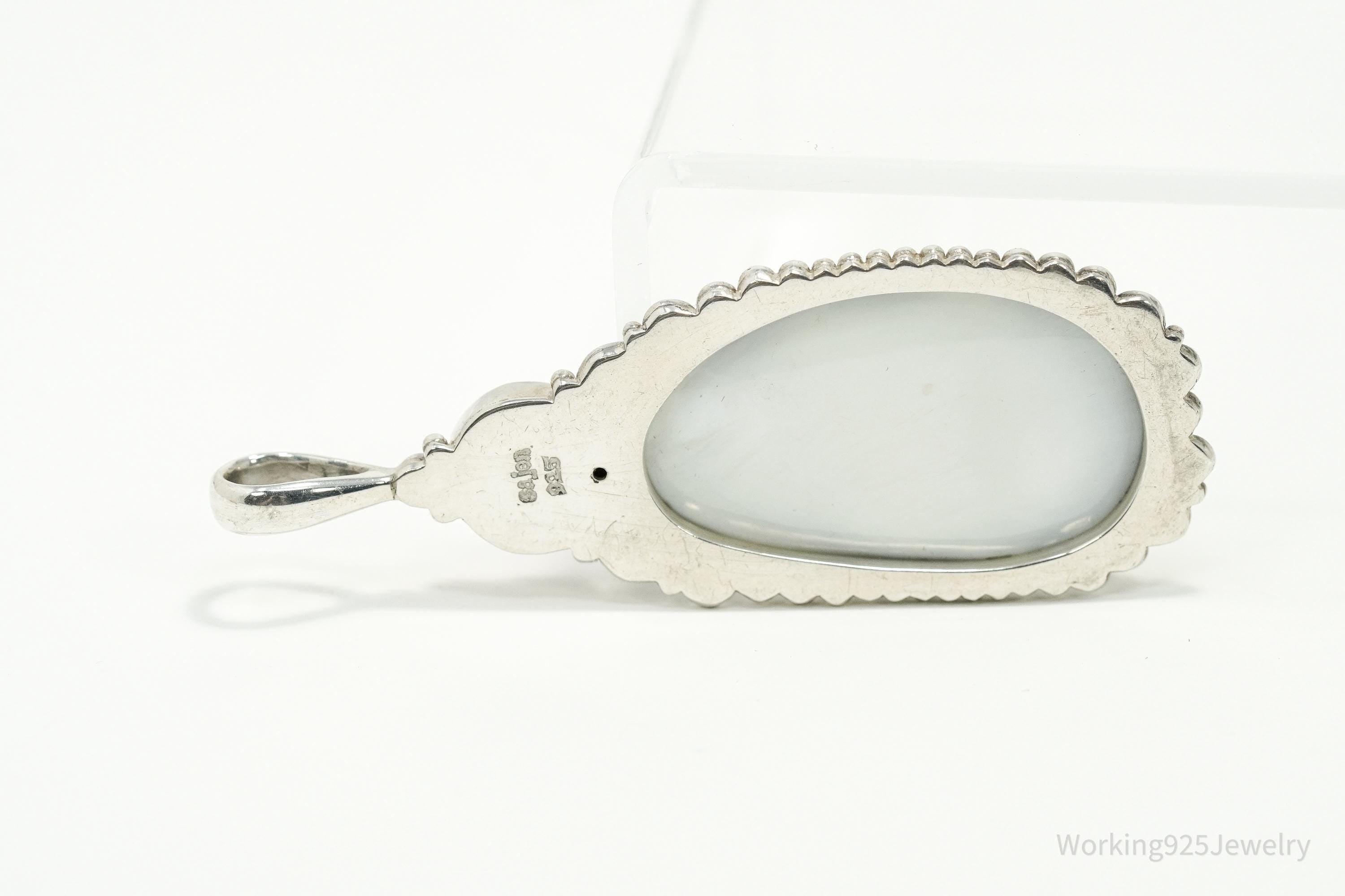 Vintage Designer SAJEN Paua Abalone & Pink Druzy Quartz Sterling Silver Pendant