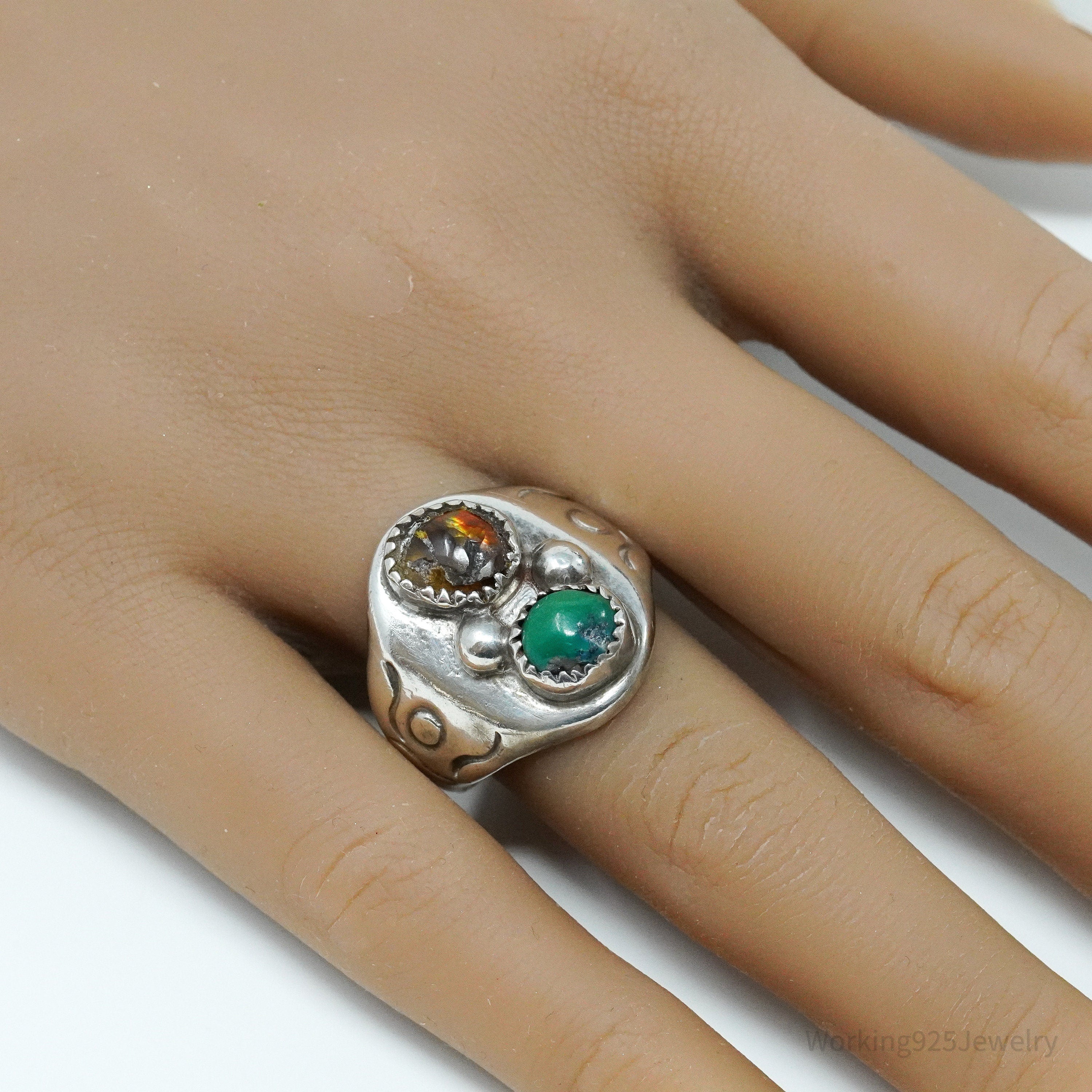 Vintage Native American Opal & Turquoise Handmade Silver Ring - Size 9