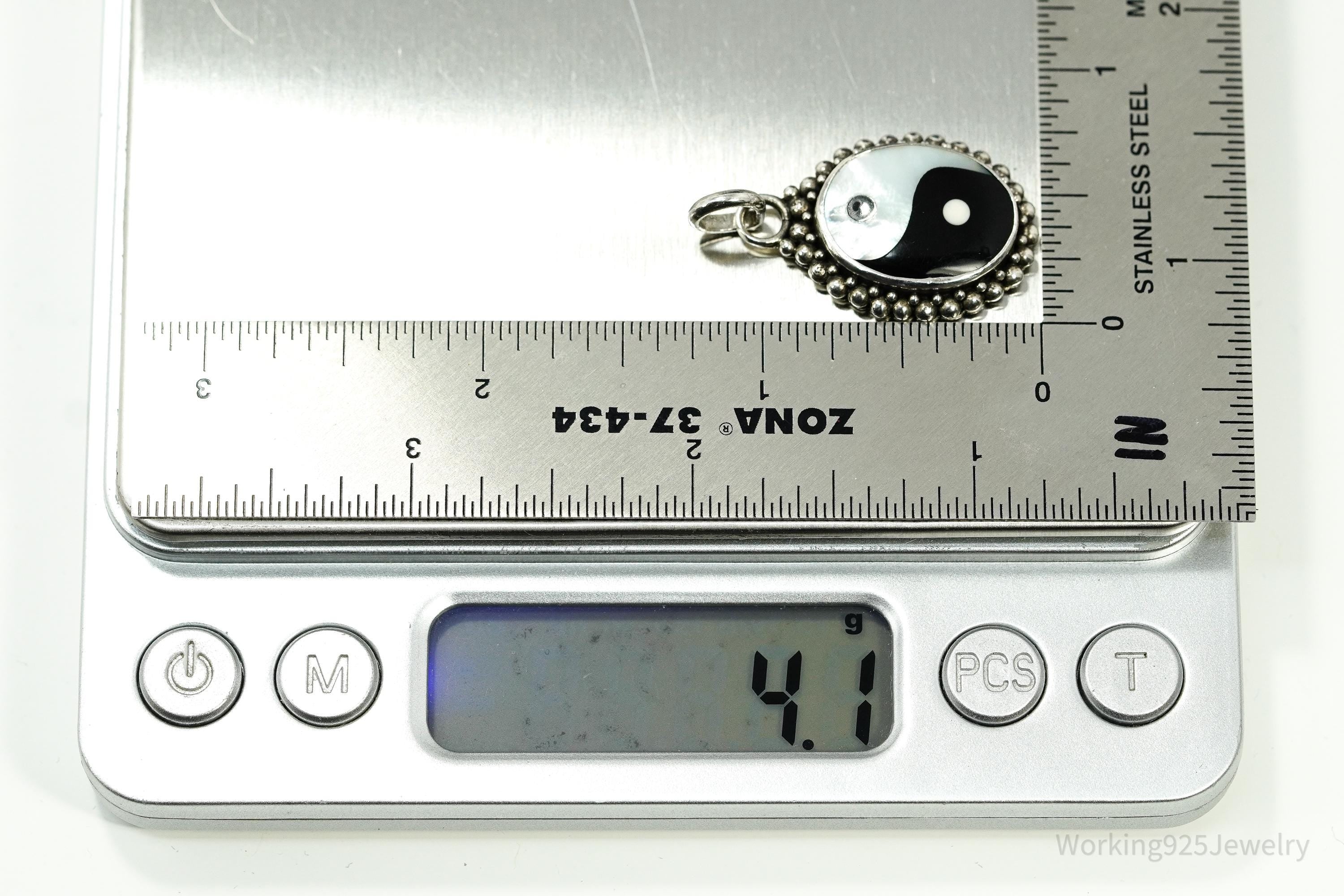 Vintage Black Onyx & Mother Of Pearl Inlay Yin Yang Sterling Silver Pendant