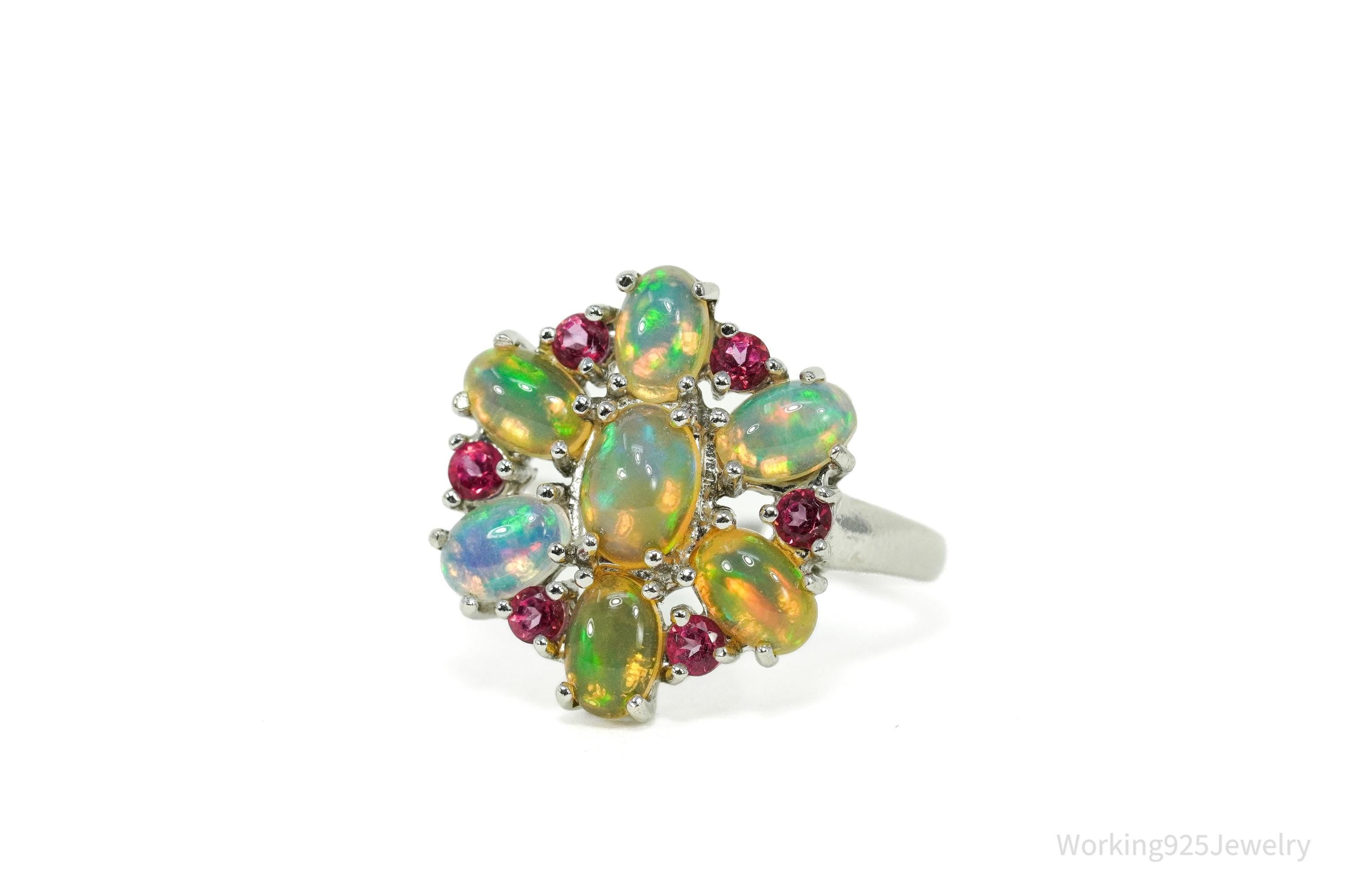 Vintage Opal & Pink Topaz Sterling Silver Ring - Size 9