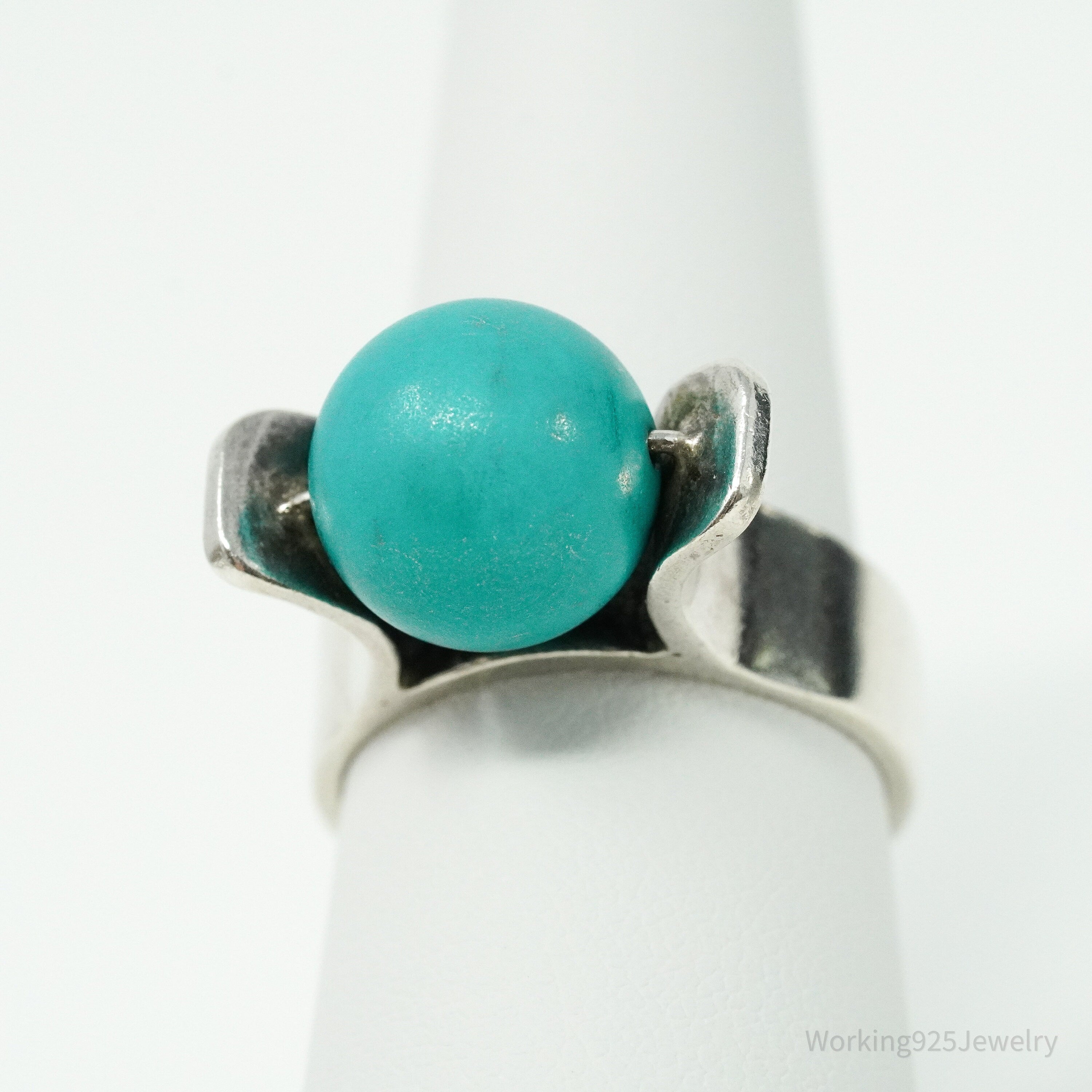 Vintage Spinning Turquoise Ball Modernist Sterling Silver Ring - Size 8