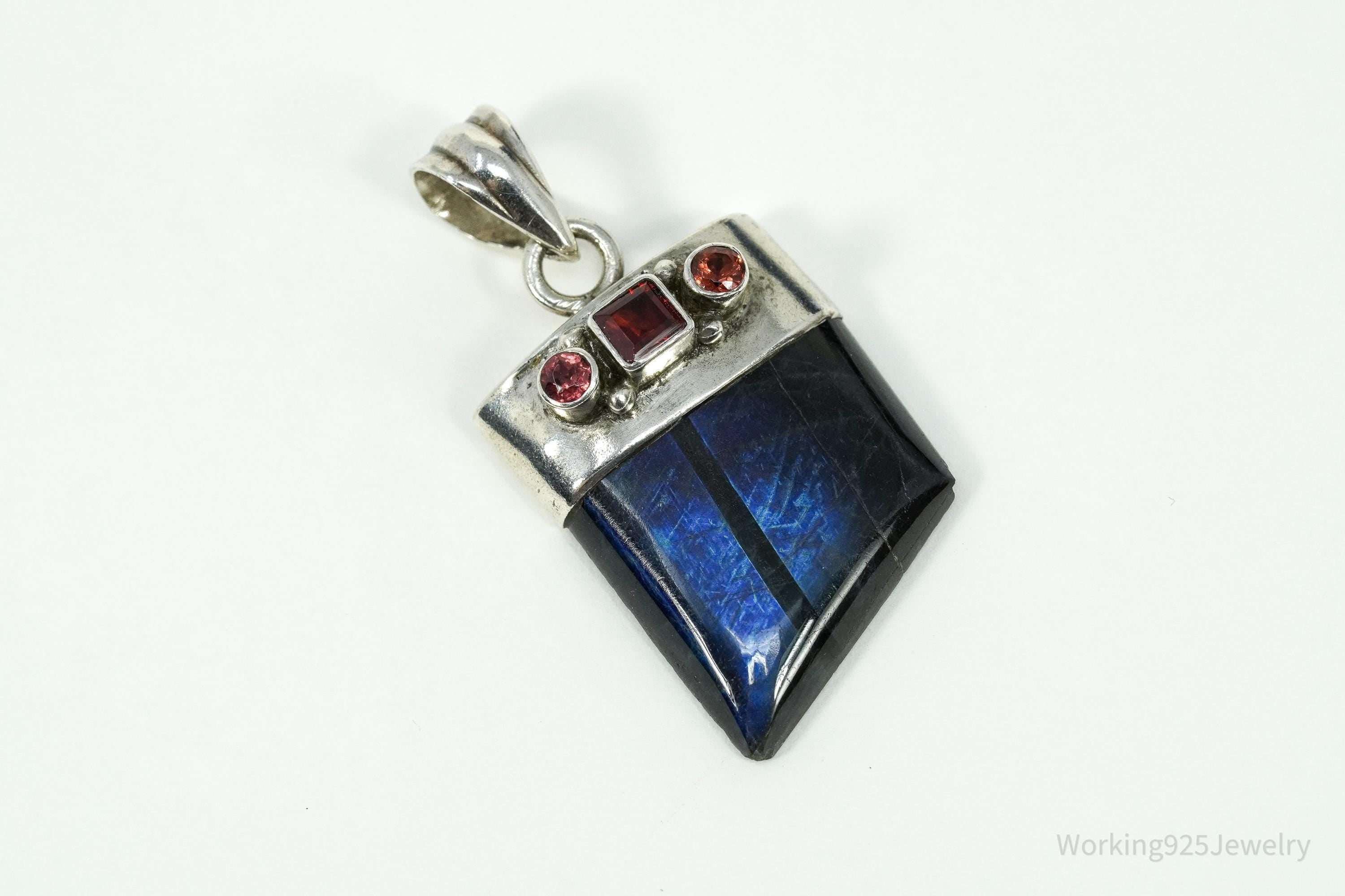 Vintage Labradorite & Garnet Sterling Silver Necklace Pendant 1 5/8"
