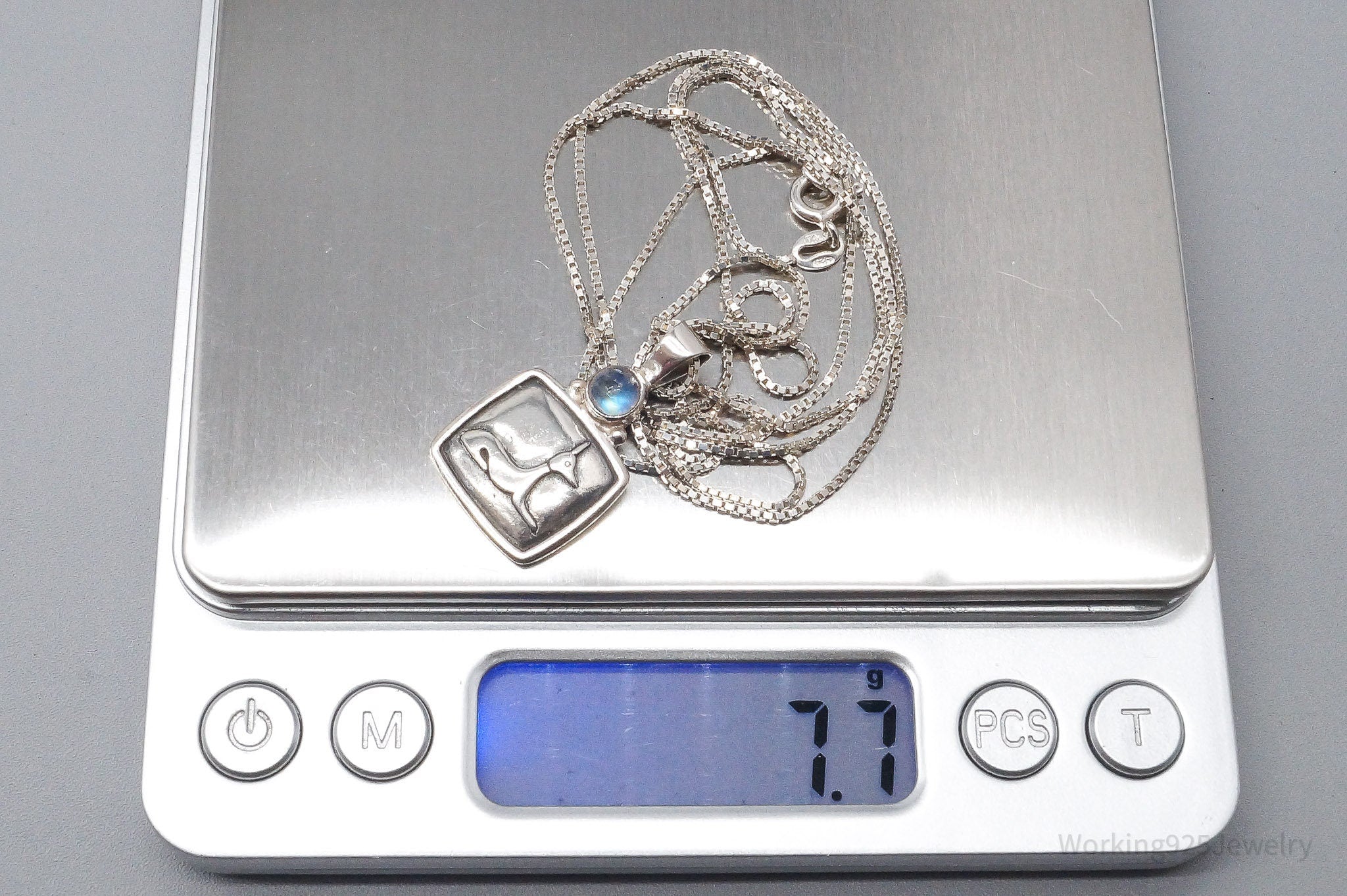 Vintage Egyptian God Anubis Moonstone Sterling Silver Necklace 30"