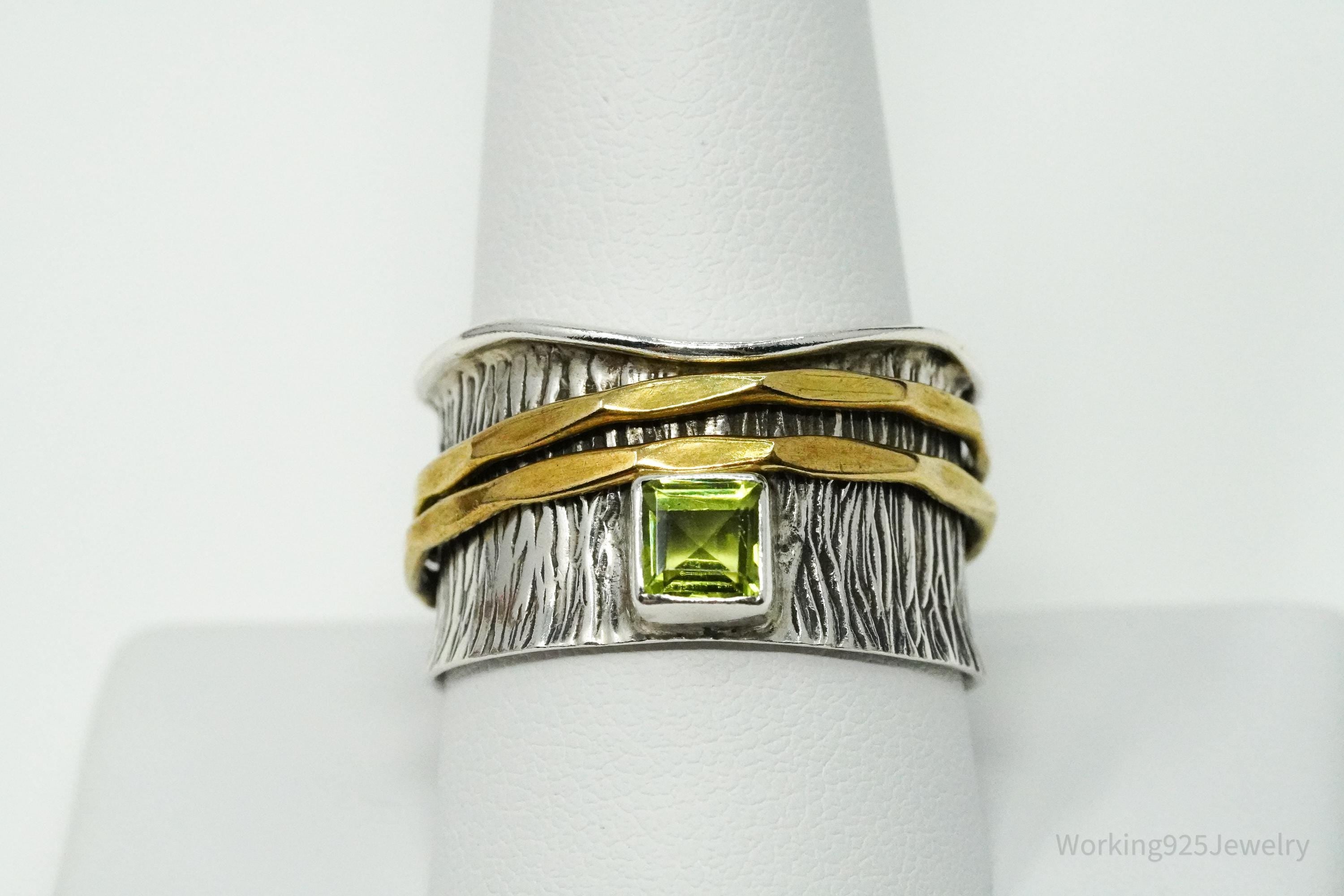 Vintage Peridot Brass Sterling Silver Spinner Band Ring- Size 10.75