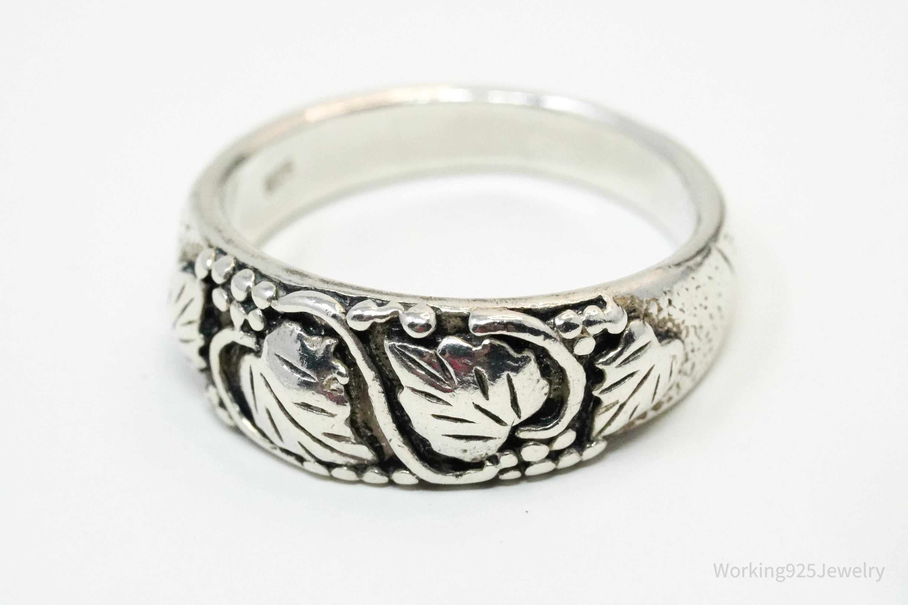 Vintage Grape Vine Leaves Sterling Silver Band Ring - Size 6.75