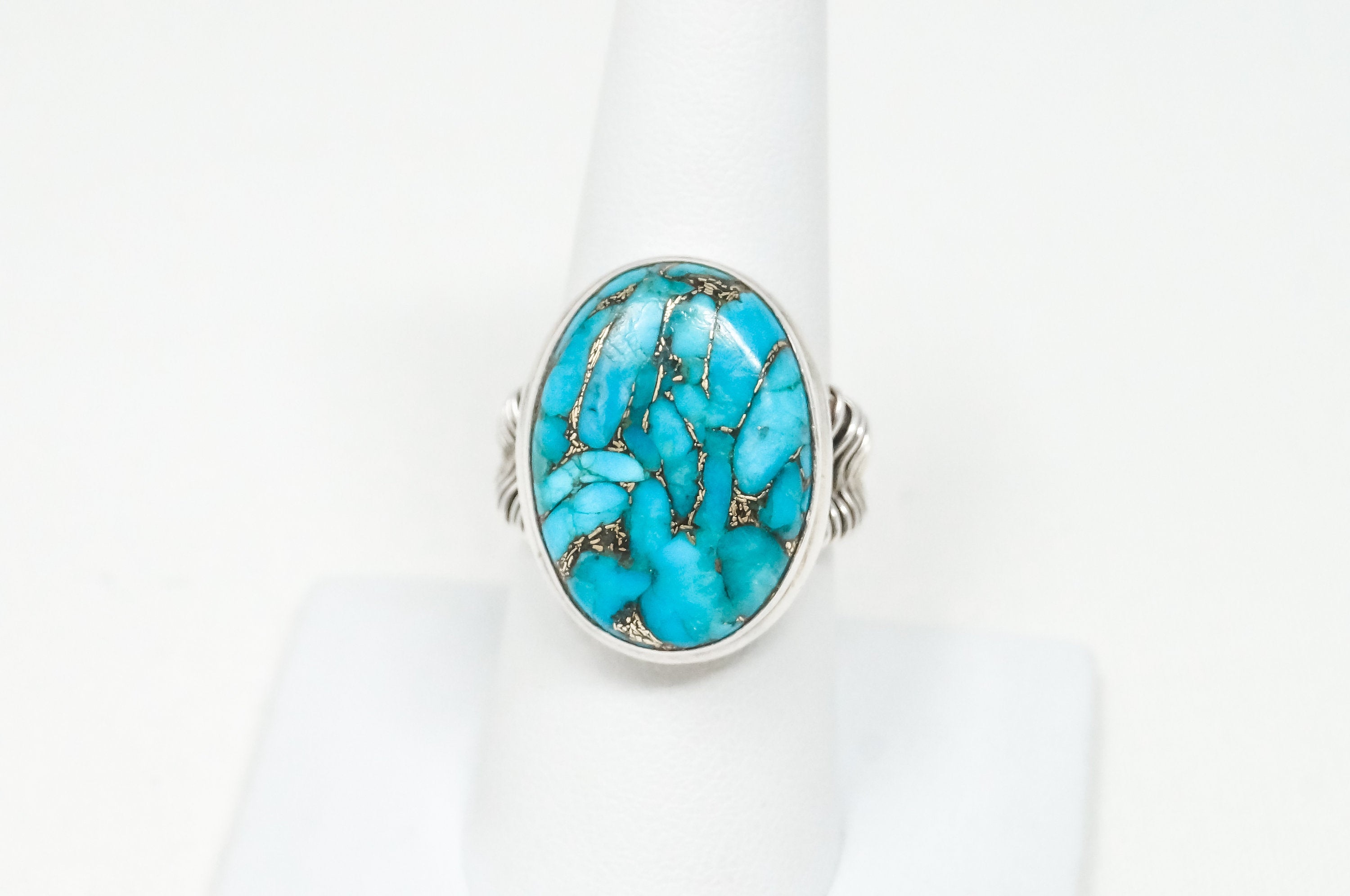 Vintage Large Turquoise Wire Wrap Design Sterling Silver Ring Sz 7.5 - 797300593