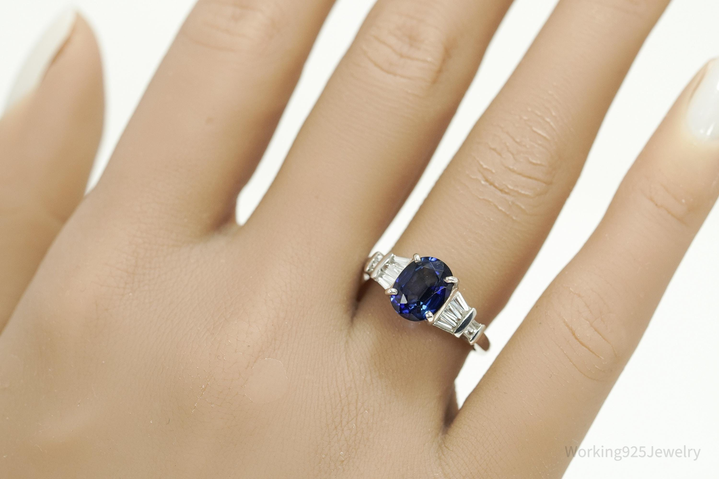 Vintage Lab Sapphire & Cubic Zirconia Sterling Silver Ring - Size 7