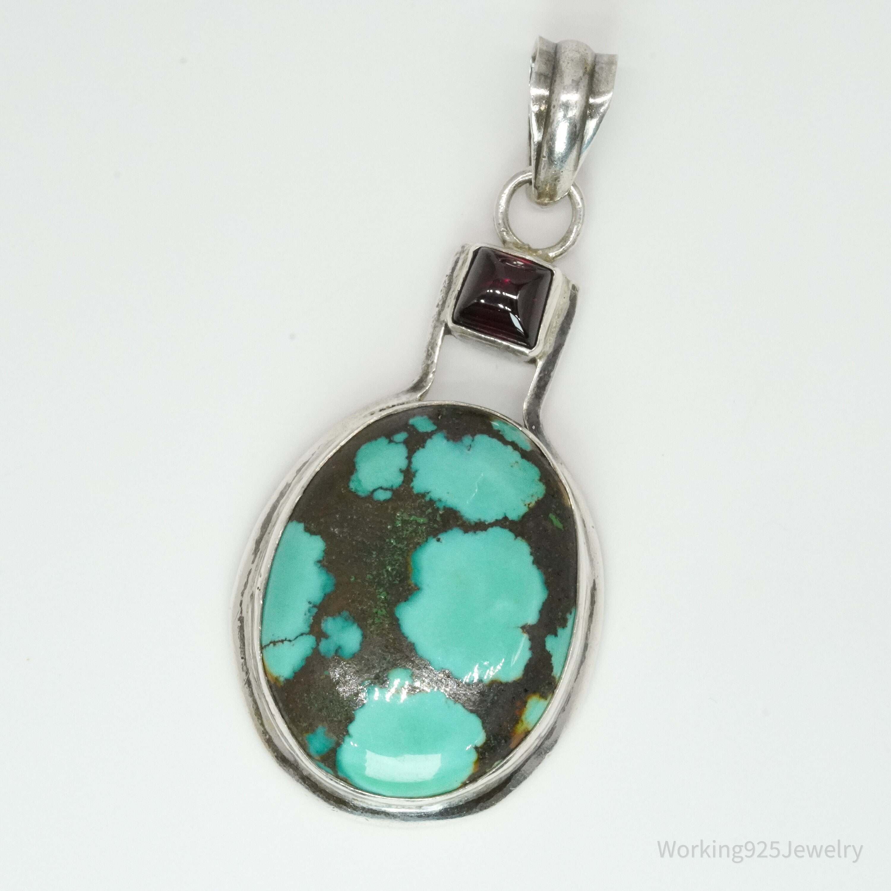 Vintage Turquoise & Rhodolite Garnet Sterling Silver Pendant