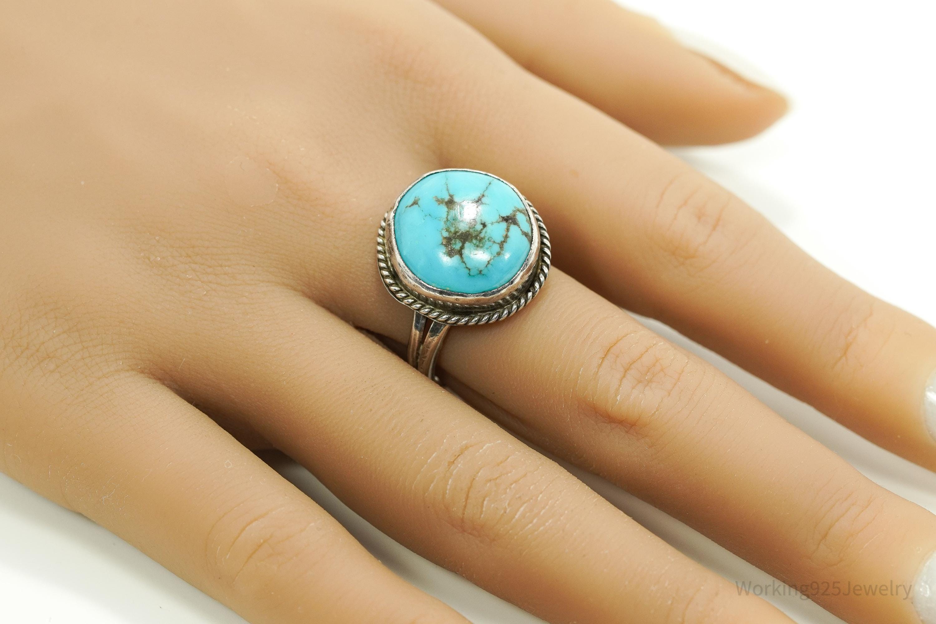 Vintage Handmade Native American Turquoise Unsigned Silver Ring - Size 10.25