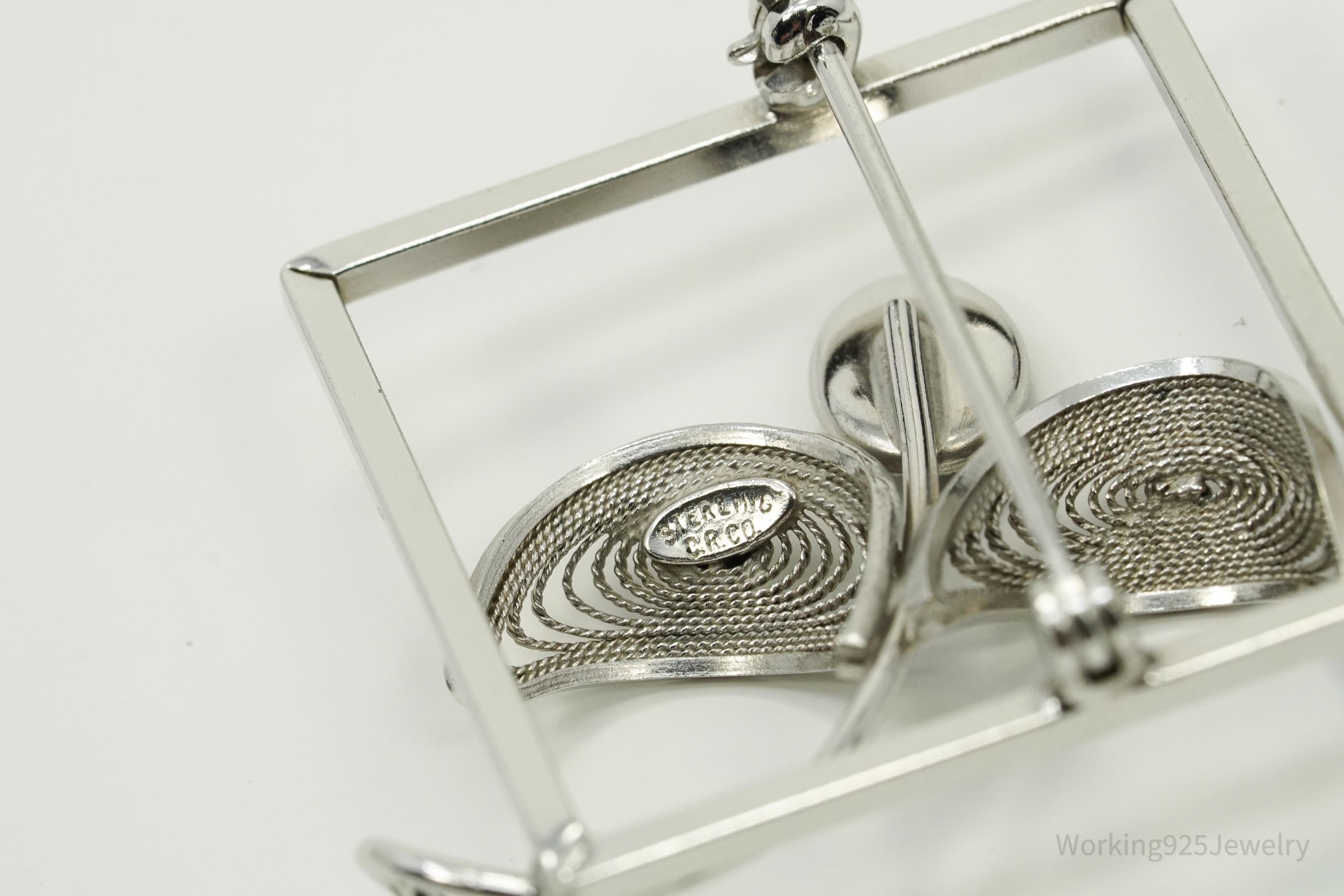 Vintage Designer CR Co Hematite Filigree Sterling Silver Brooch Pin