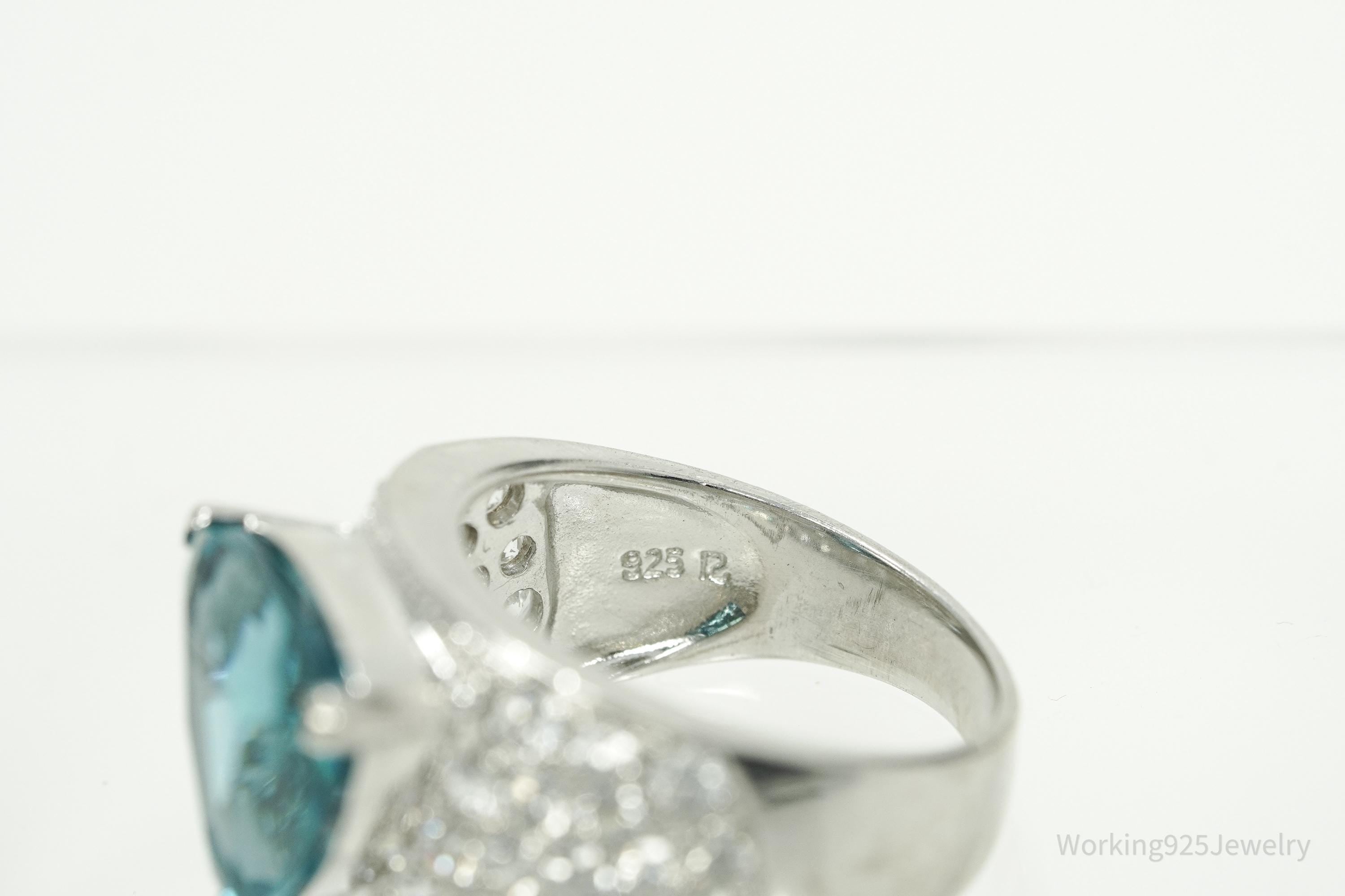 Vintage Ross Simons Large Teal Stone & Cubic Zirconia Sterling Silver Ring - Size 10