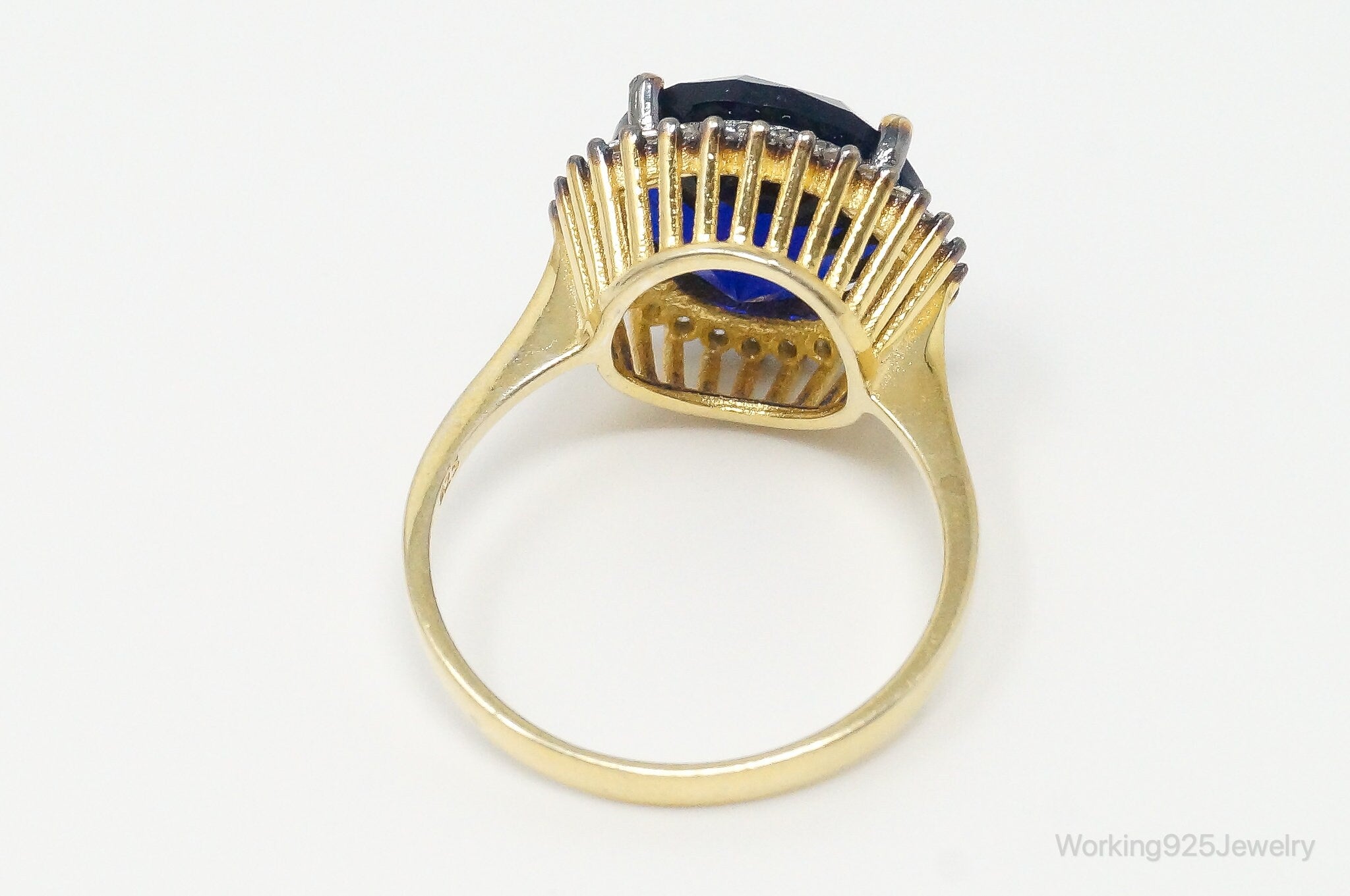 Large Blue Glass Cubic Zirconia Gold Vermeil Sterling Silver Ring - Size 8