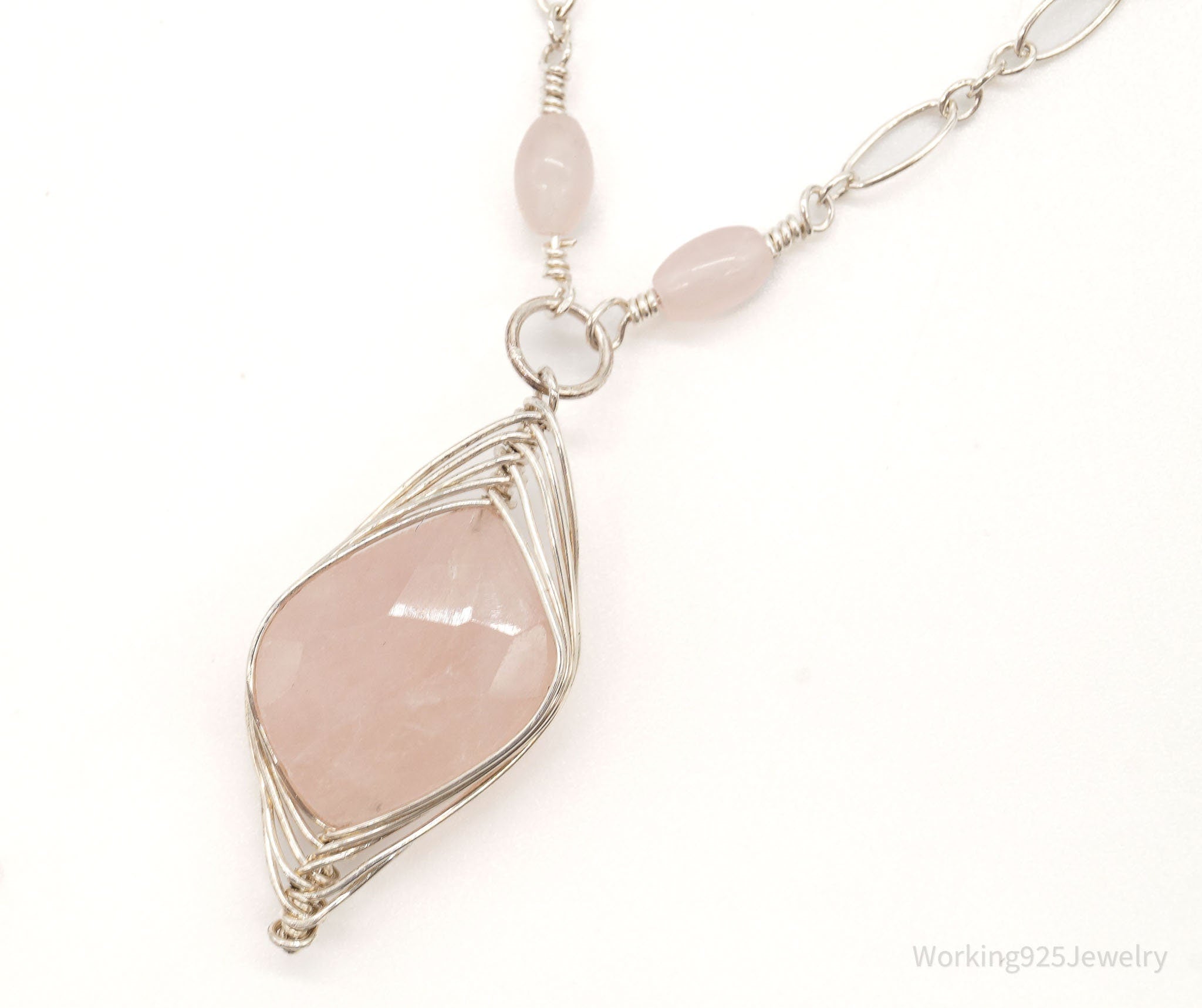 Vintage Large Rose Quartz Filigree Silver Necklace