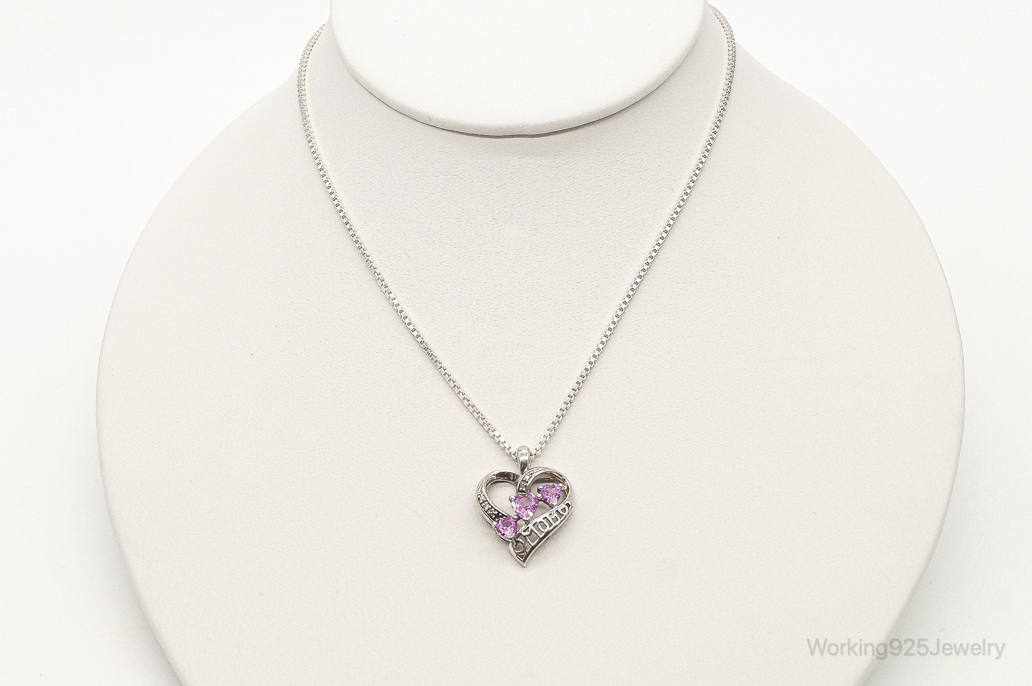 Vintage Pink Topaz Two Diamond Heart Mom Sterling Silver Necklace