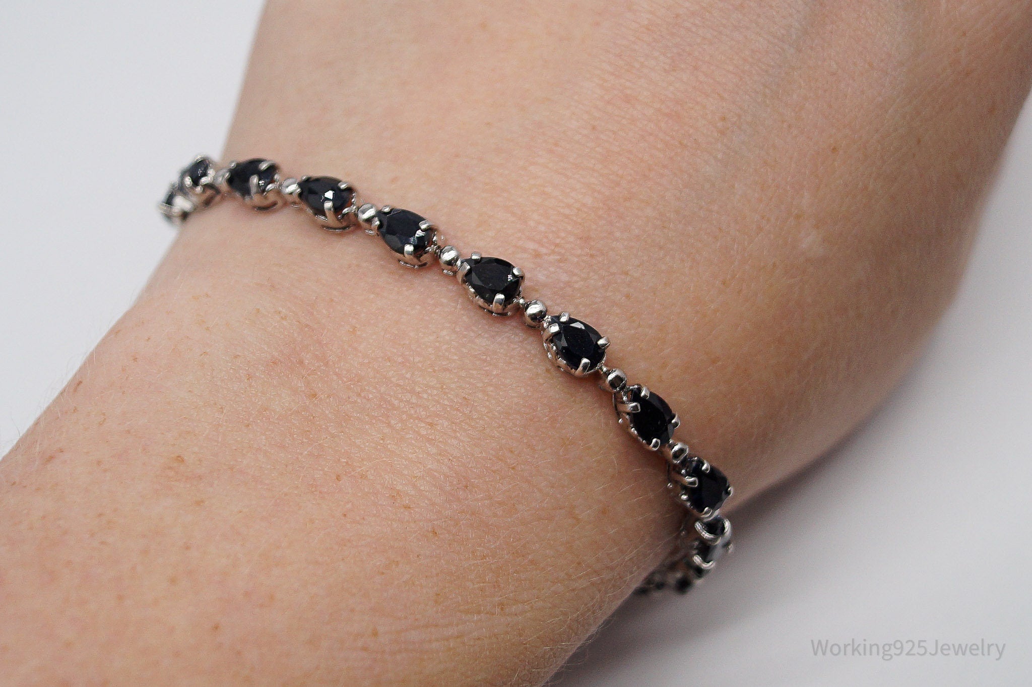 Vintage Blue Sapphire Sterling Silver Tennis Bracelet - 7 5/8"