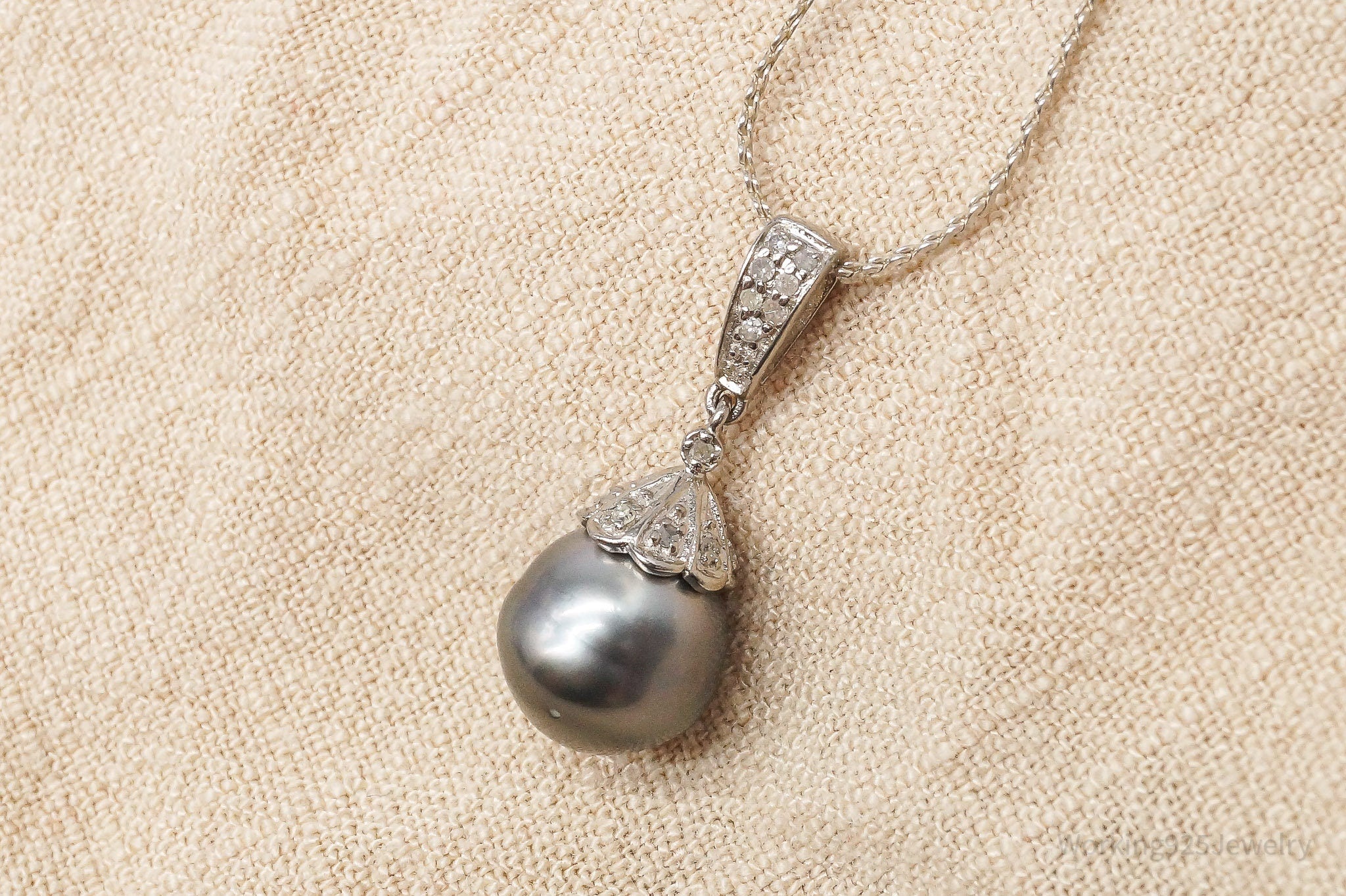 Vintage Pearl & Diamond Sterling Silver Necklace 18"