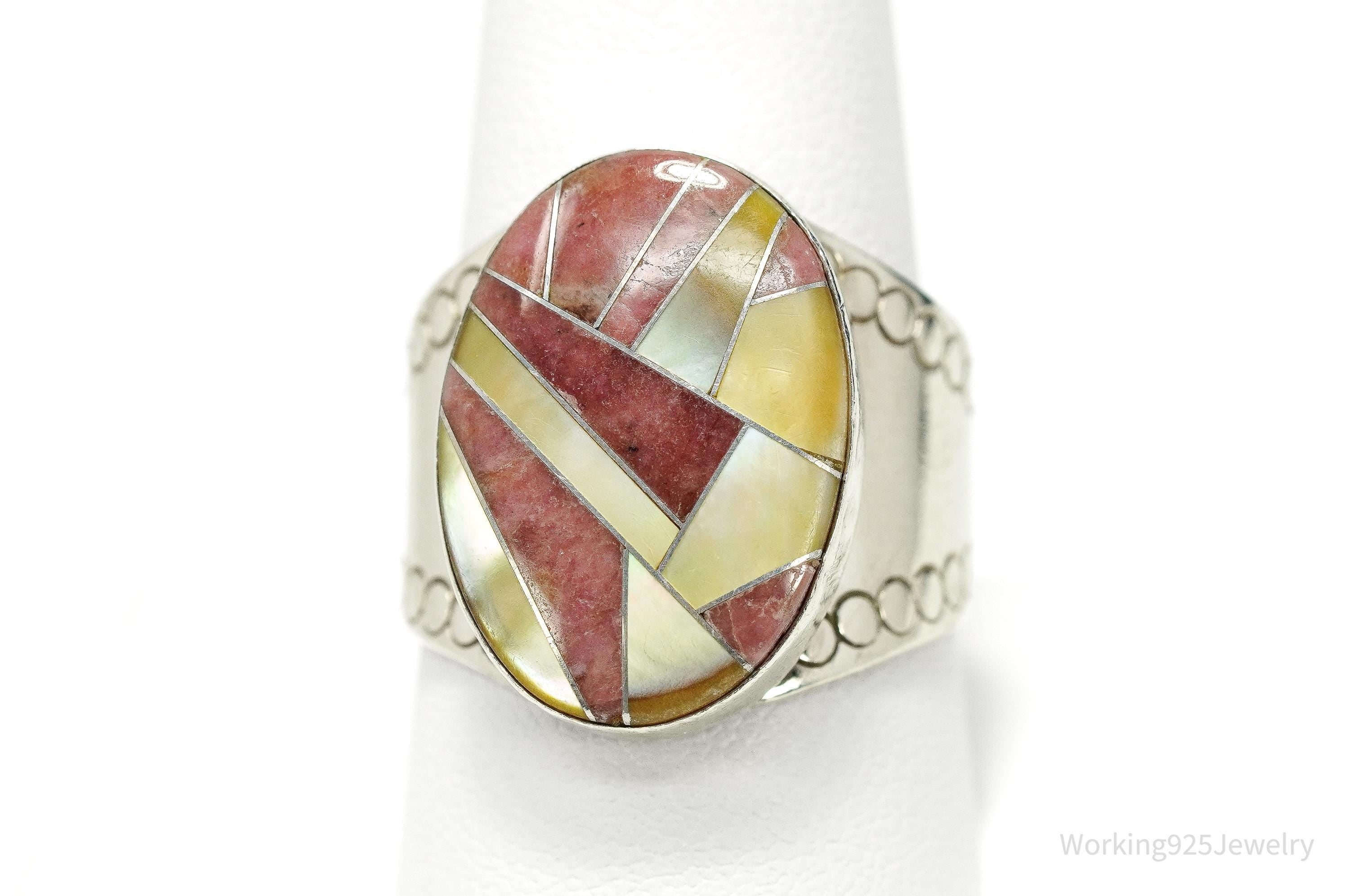 Vintage JAY KING Rhodonite & Mother Of Pearl Inlay Sterling Silver Ring - Size 10.25