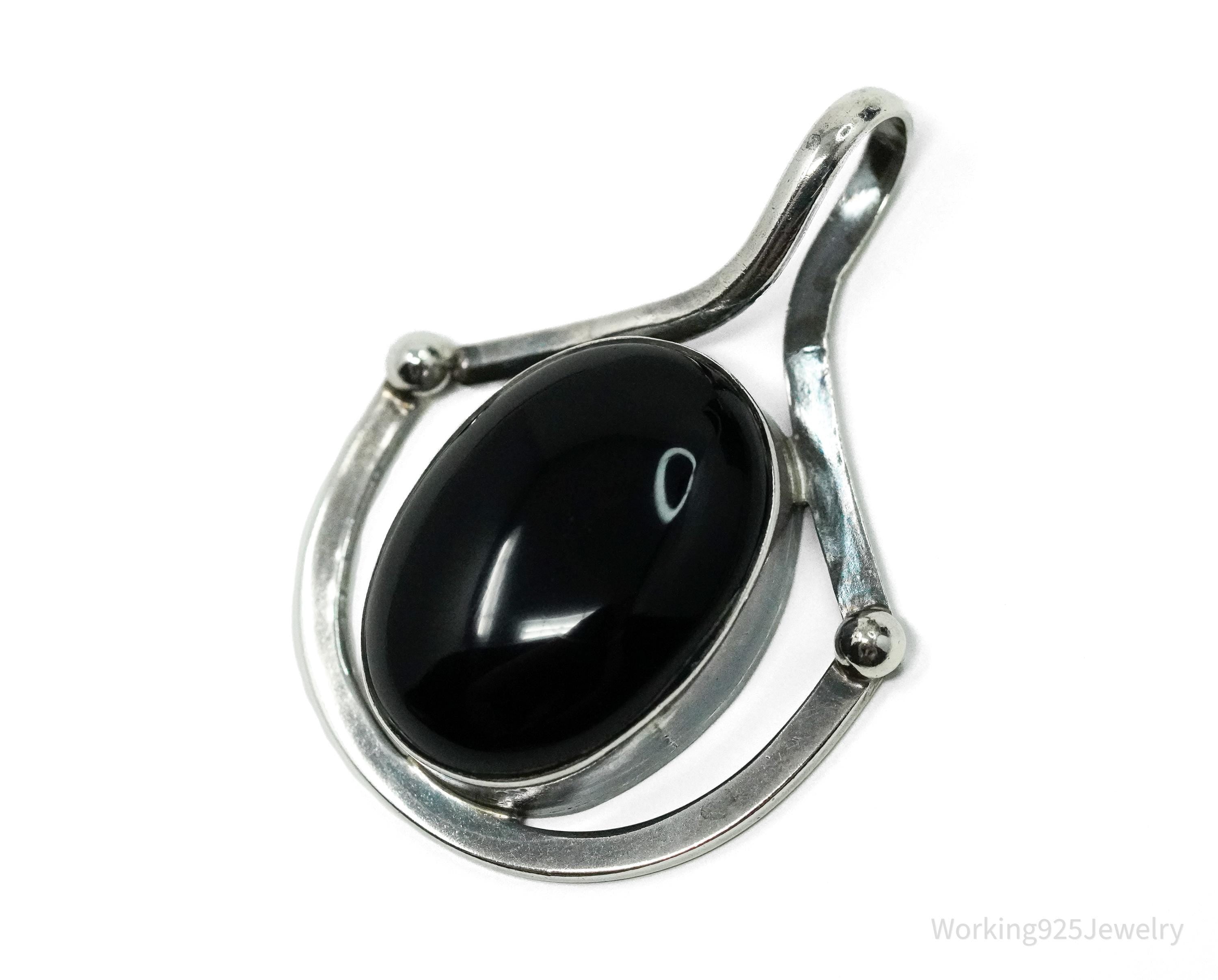 Vintage Mexican Modernist Style Black Onyx Sterling Silver Pendant