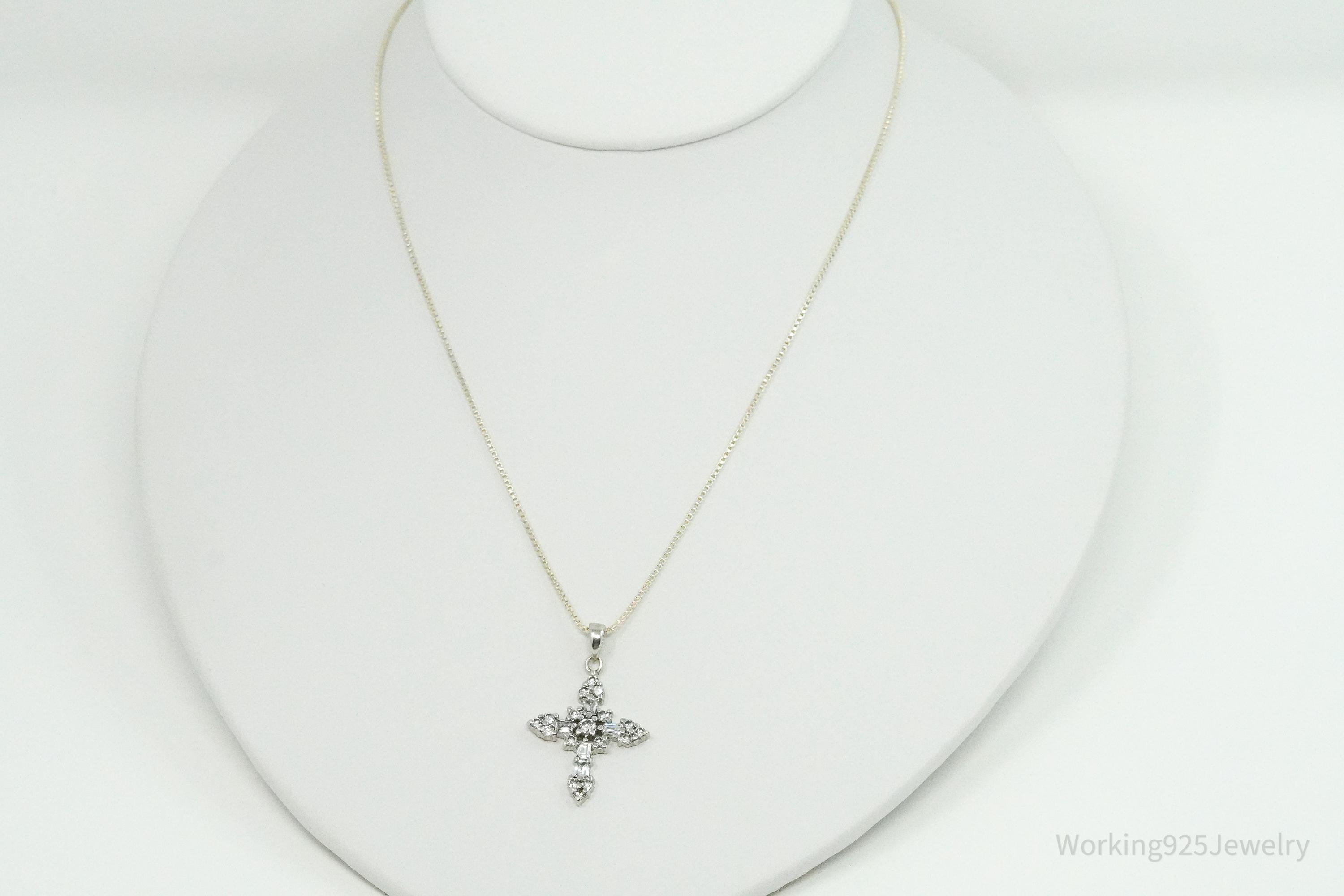 Vintage Cubic Zirconia Cross Sterling Silver Necklace 18"