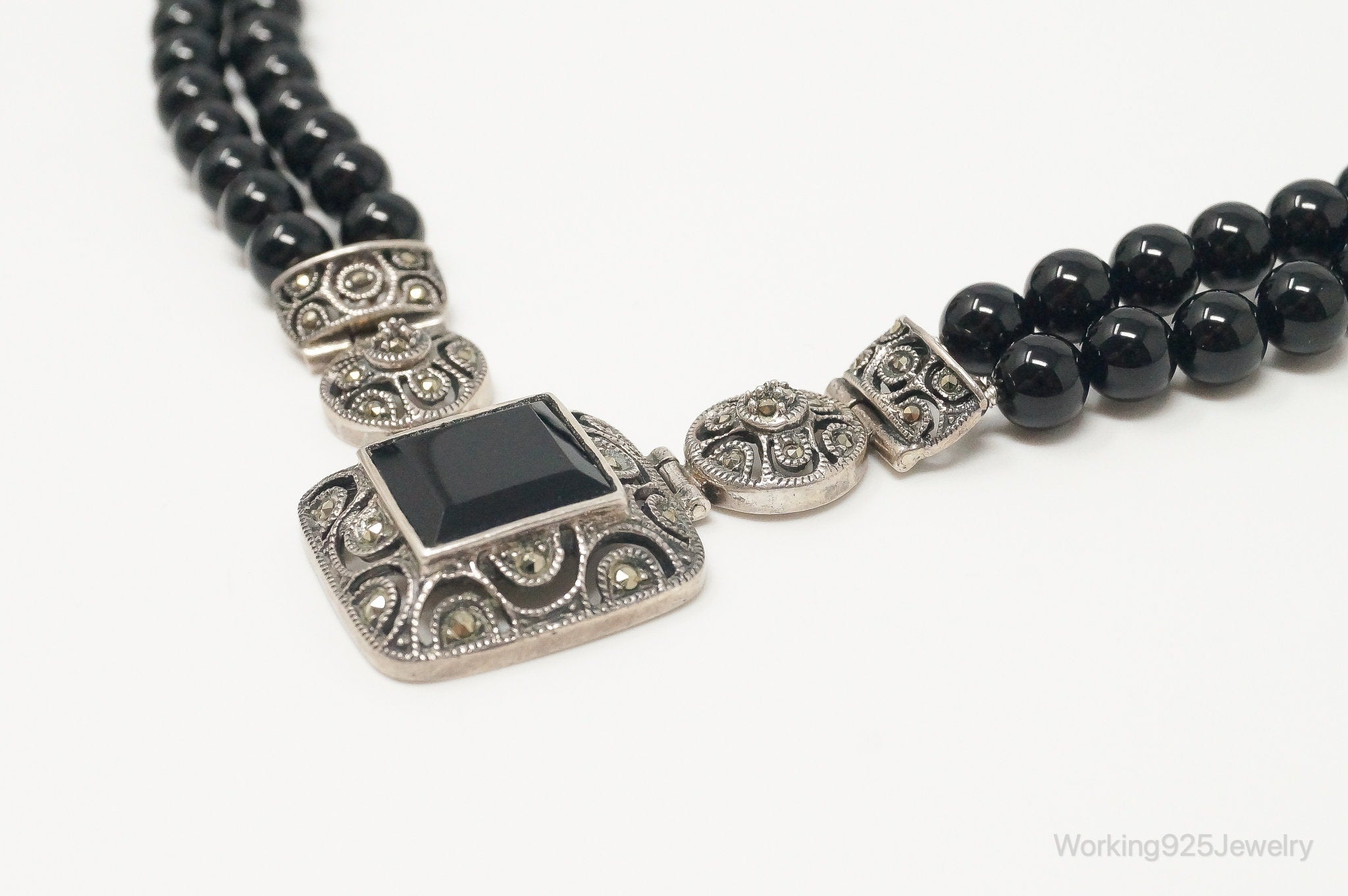 Vintage Designer Judith Jack Black Onyx Marcasite Sterling Silver Necklace