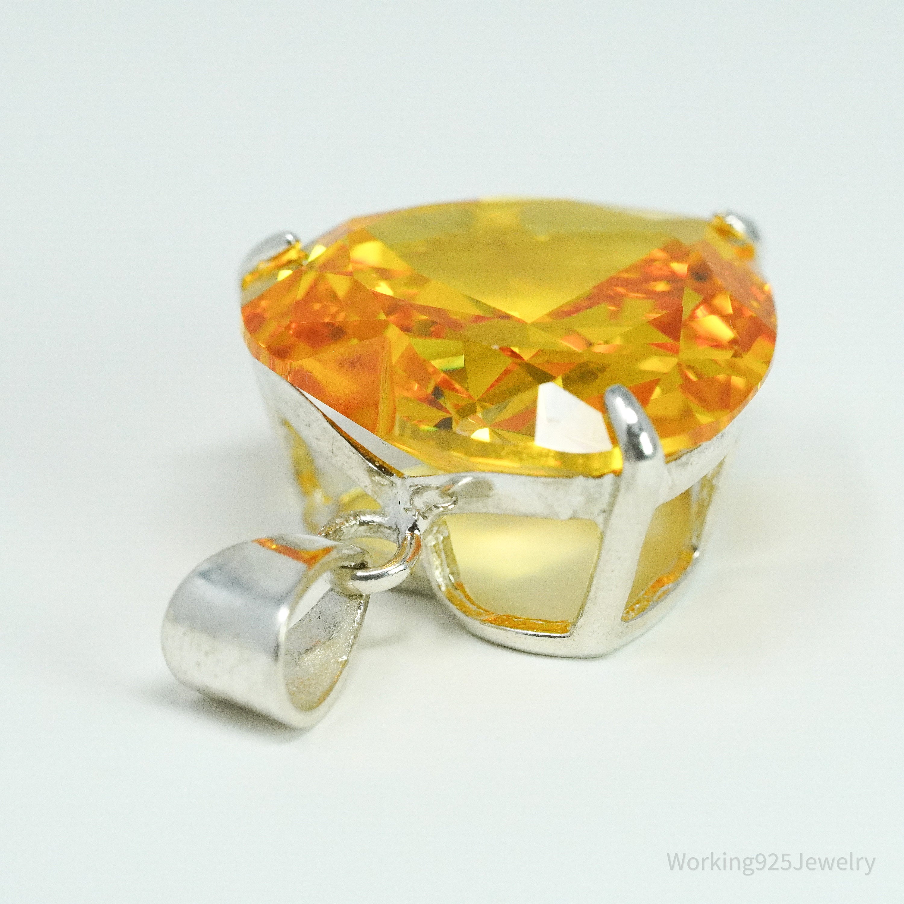 Vintage Large Citrine Heart Sterling Silver Necklace Pendant