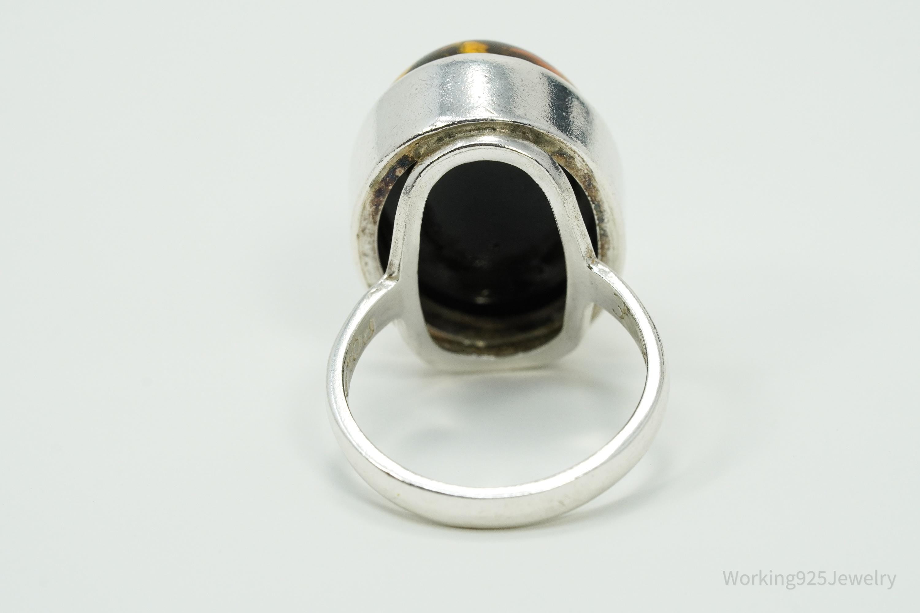 Vintage Polish Large Amber Sterling Silver Ring - Size 7