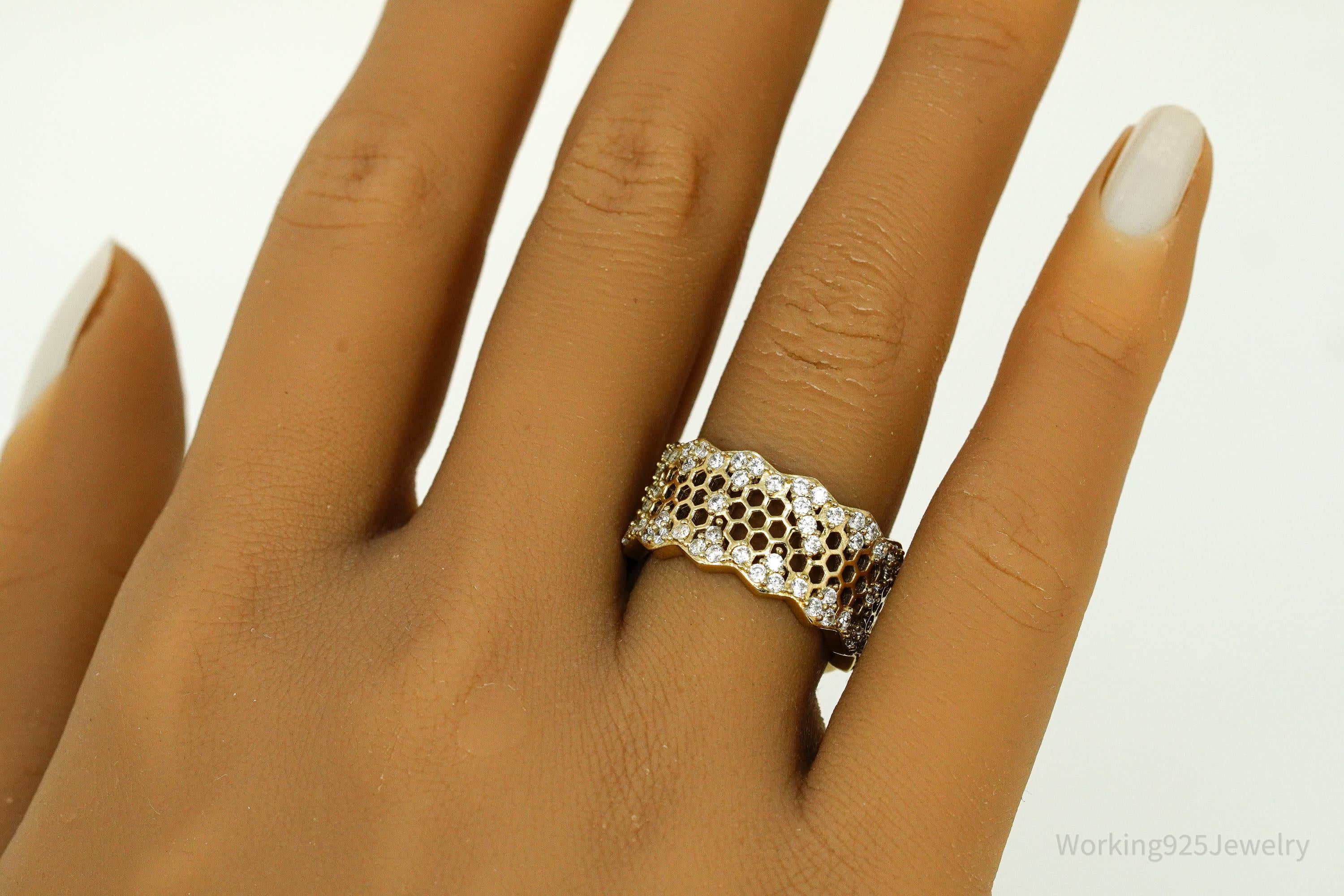 Vintage Cubic Zirconia Gold Vermeil Sterling Silver Honeycomb Lace Ring - Size 7