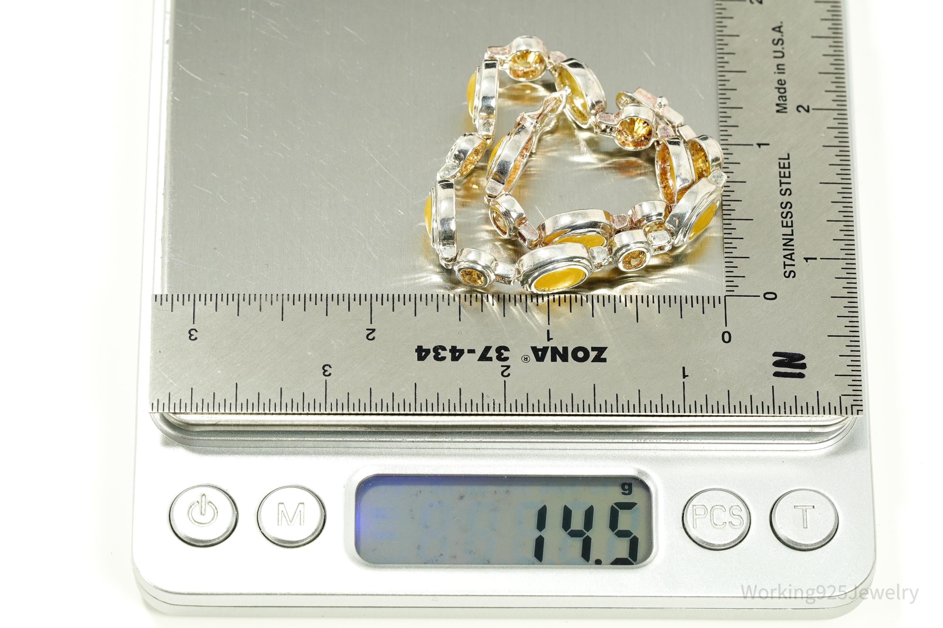 Vintage Yellow Jade & Citrine Sterling Silver Bracelet 7 7/8"