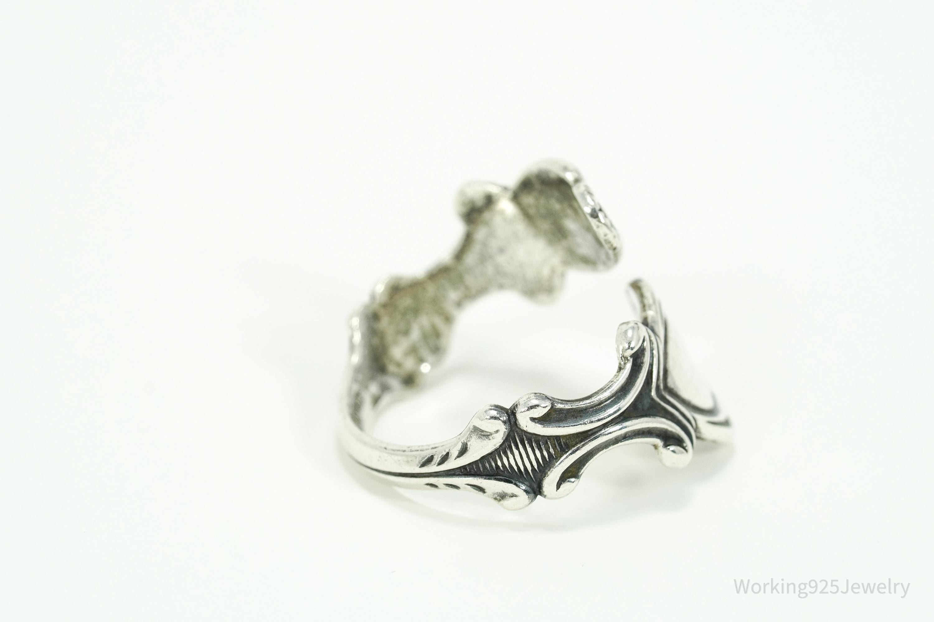Vintage Avon Hearts & Flowers Sterling Silver Adjustable Wrap Spoon Ring - Size 10.25