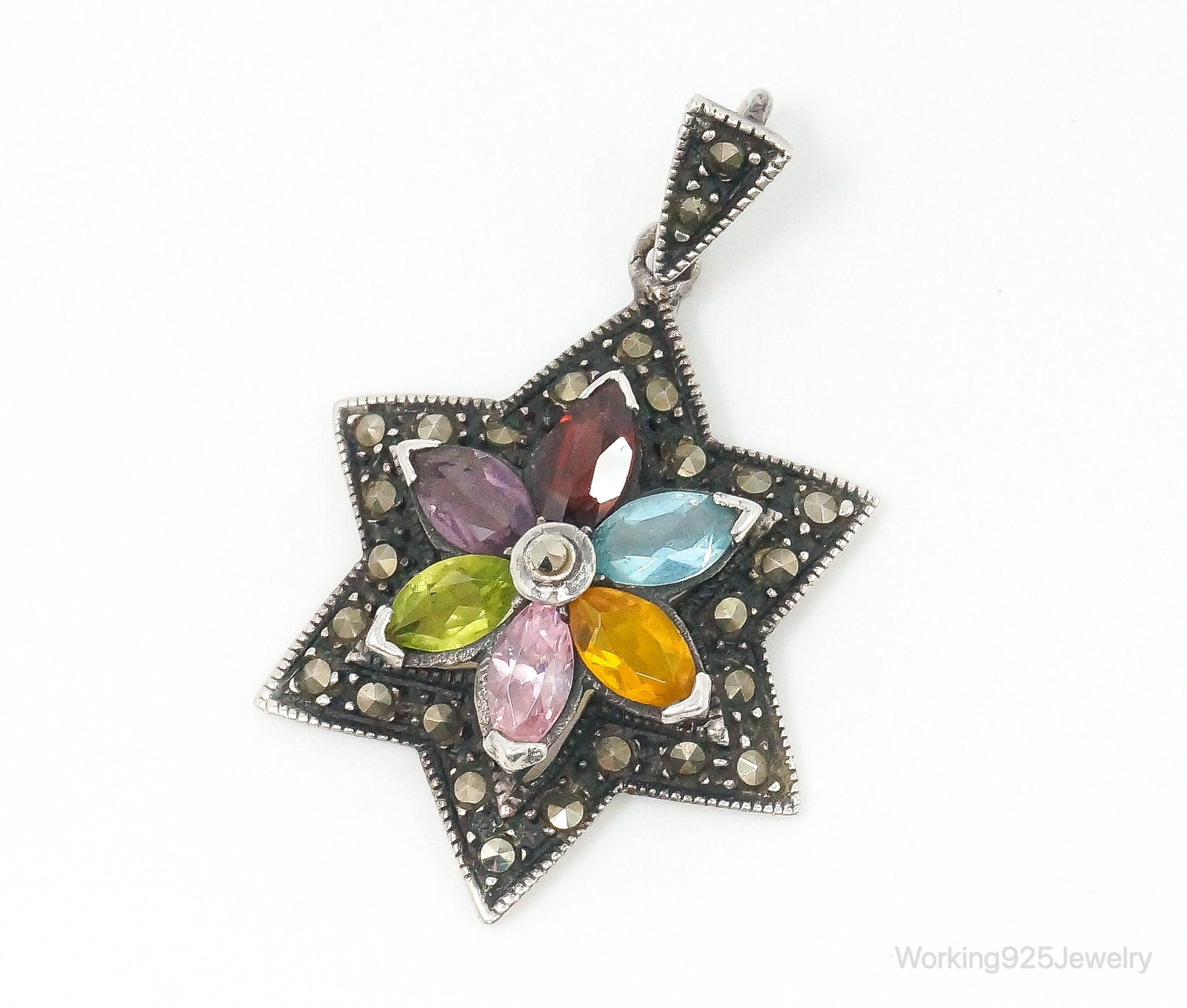 Vintage Multi Gem Flower Sterling Silver Necklace Pendant