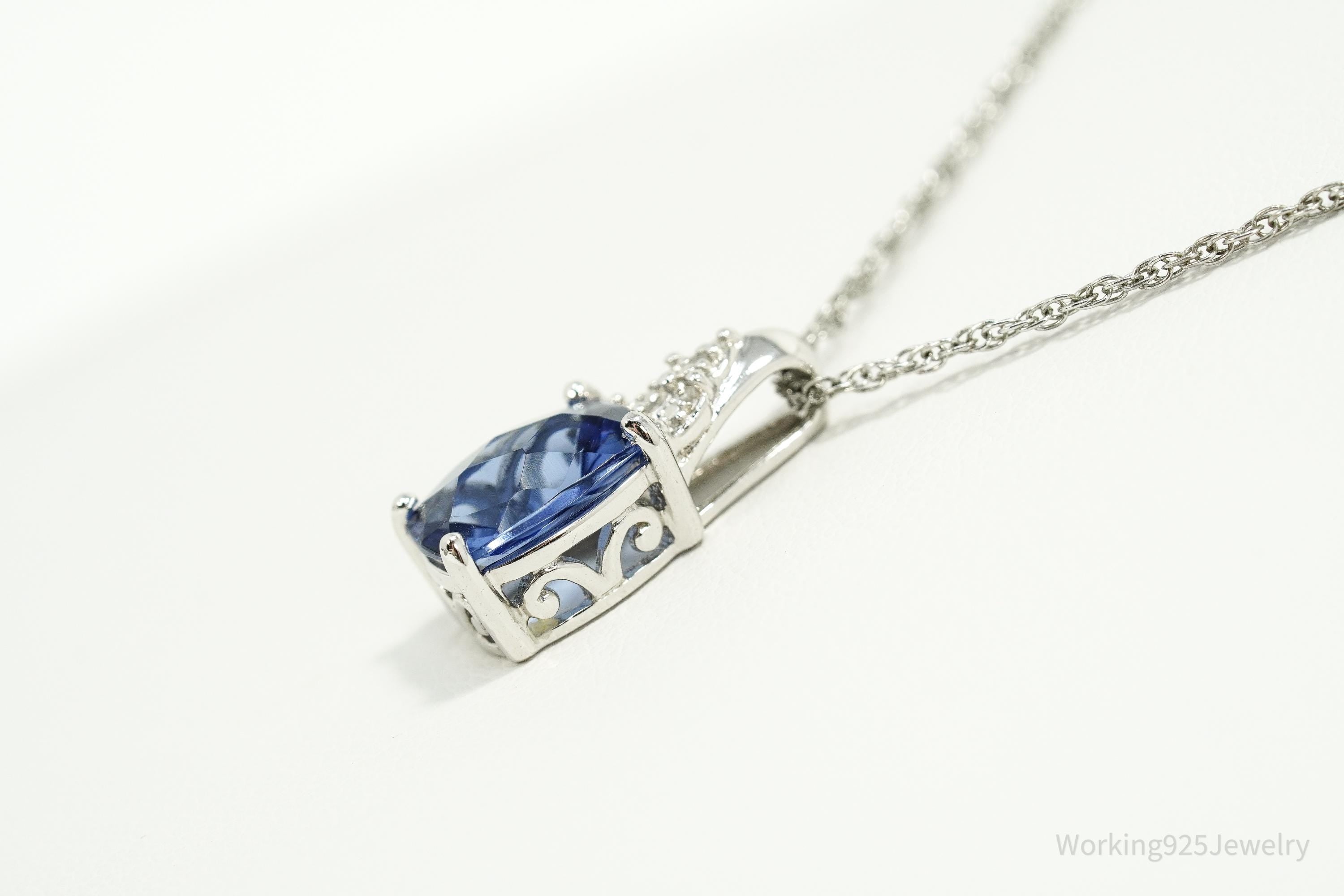 Vintage Ross Simons Lab Created Blue Sapphire & Single Diamond Sterling Silver Necklace 18"