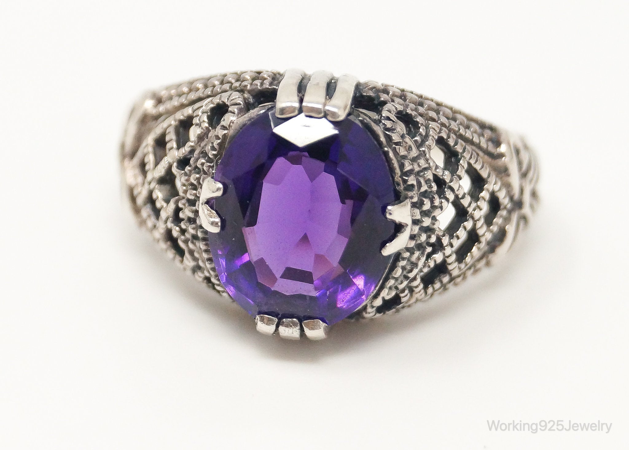 Vintage Large Amethyst Sterling Silver Art Deco Ring - Sz 5.75