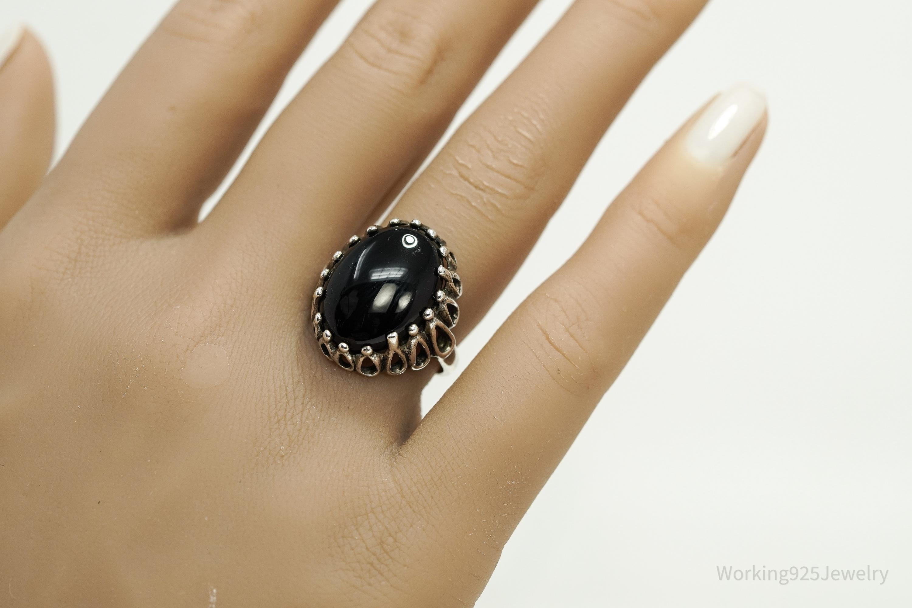 Vintage Designer Kabana Black Onyx Sterling Silver Ring - Size 7.5